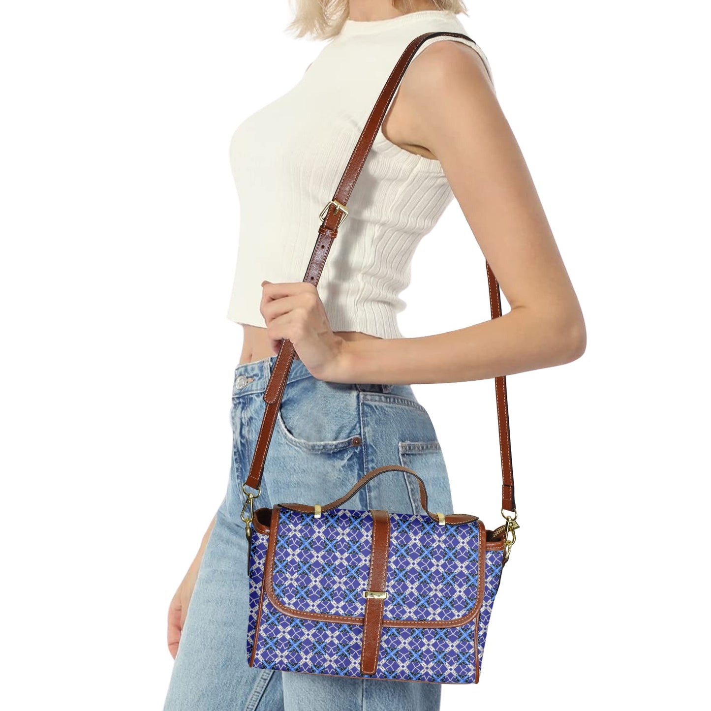 blue 12 Multi-Function Leather Satchel-Brown (Model 1739)