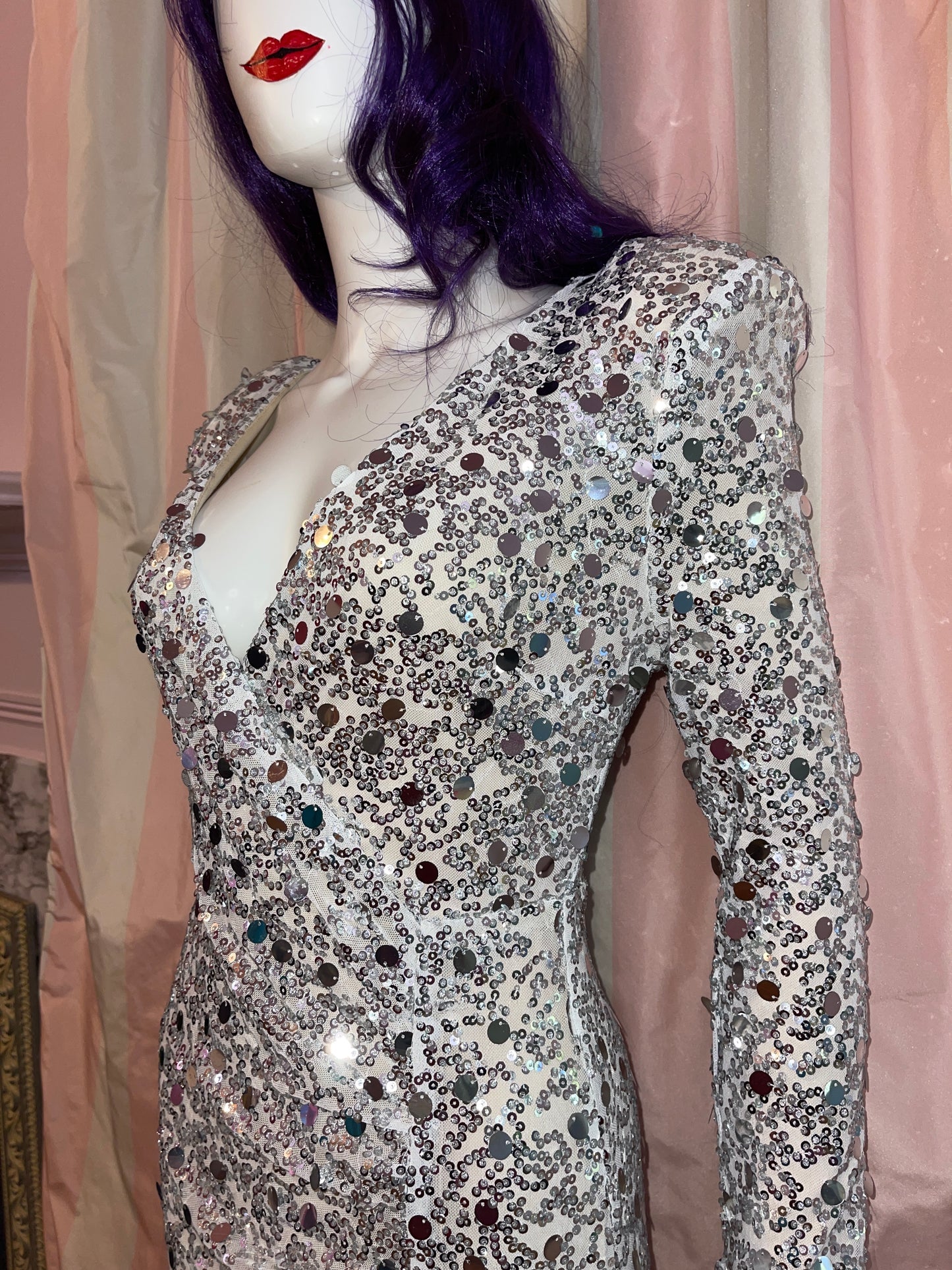Silver Sequin Plunge Wrap Stretch Dress Gown