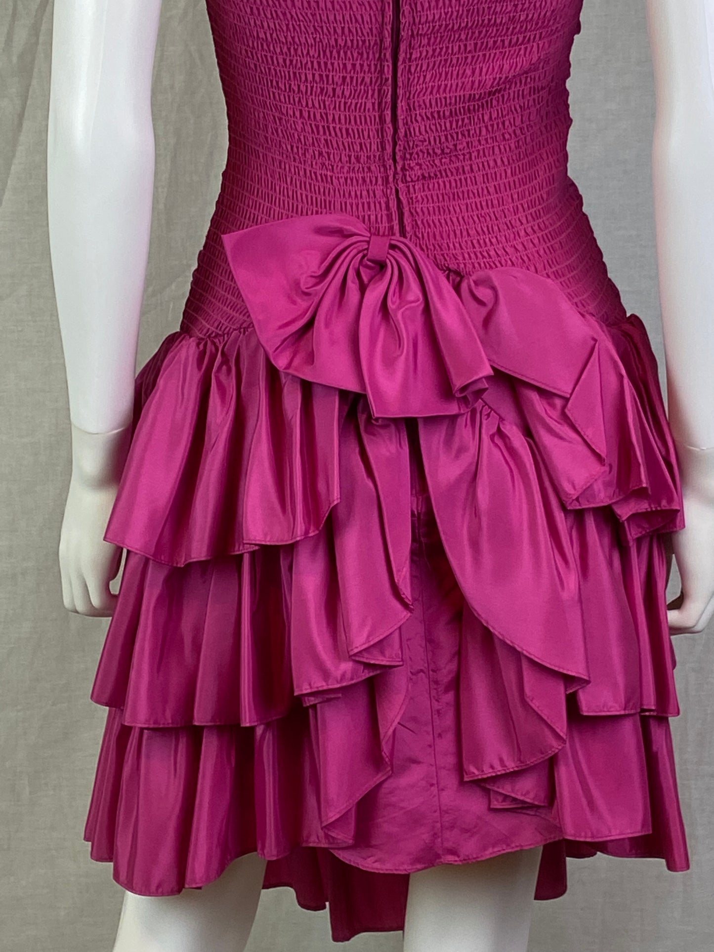 Vintage Positively ELLYN Hot Pink Satin Ruche Ruffle Dress ABBY ESSIE STUDIOS