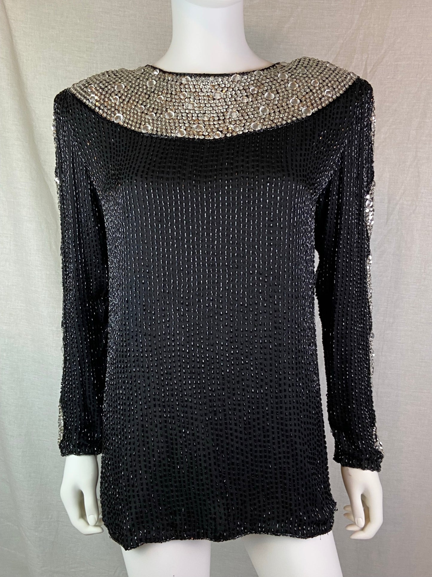 Oleg Cassini Black Silver Sequin Beaded Rhinestone Silk Top ABBY ESSIE STUDIOS