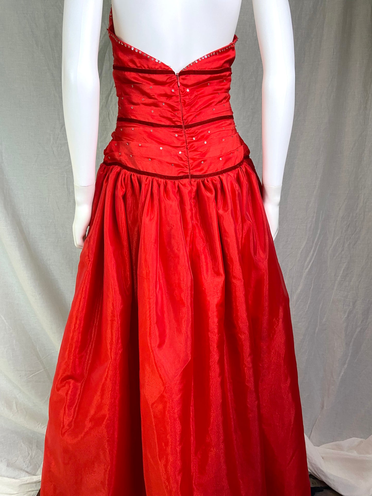 Beutifly Red Satin Rhinestone Ruche Gown ABBY ESSIE STUDIOS