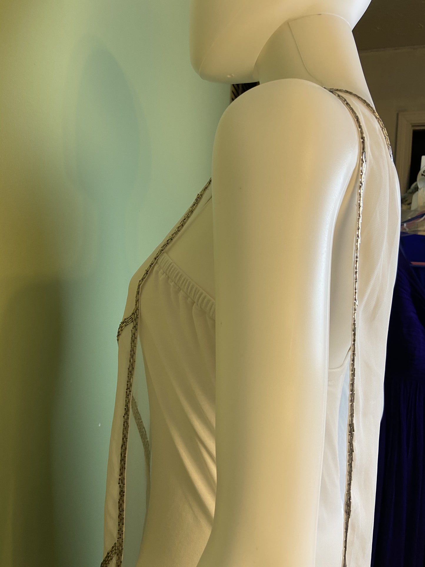 White Silver Beaded Grecian Stretch Mini Dress ABBY ESSIE Designer & Vintage