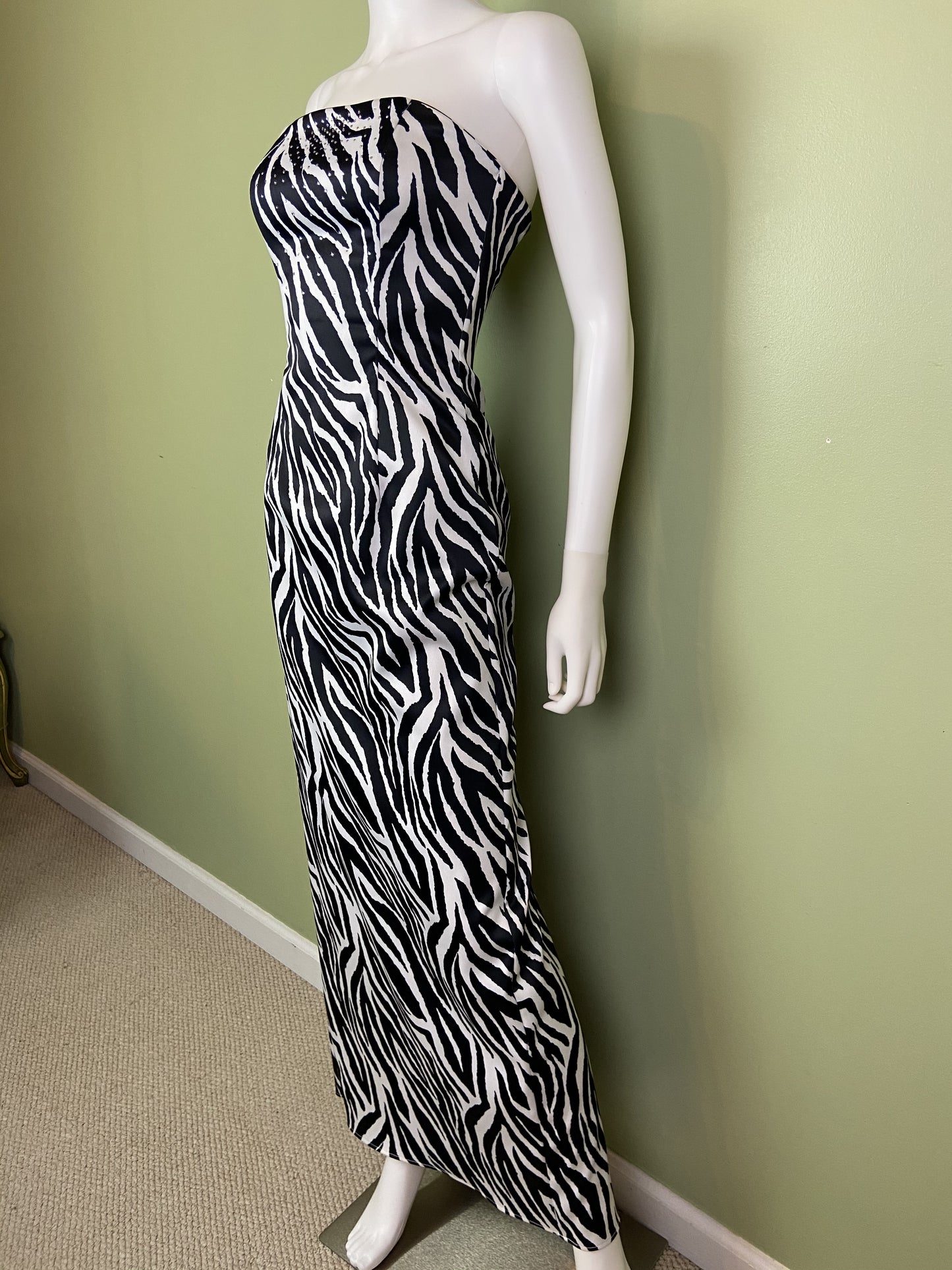 Vintage Zebra Print Satin Rhinestone Tuxedo Gown Abby Essie