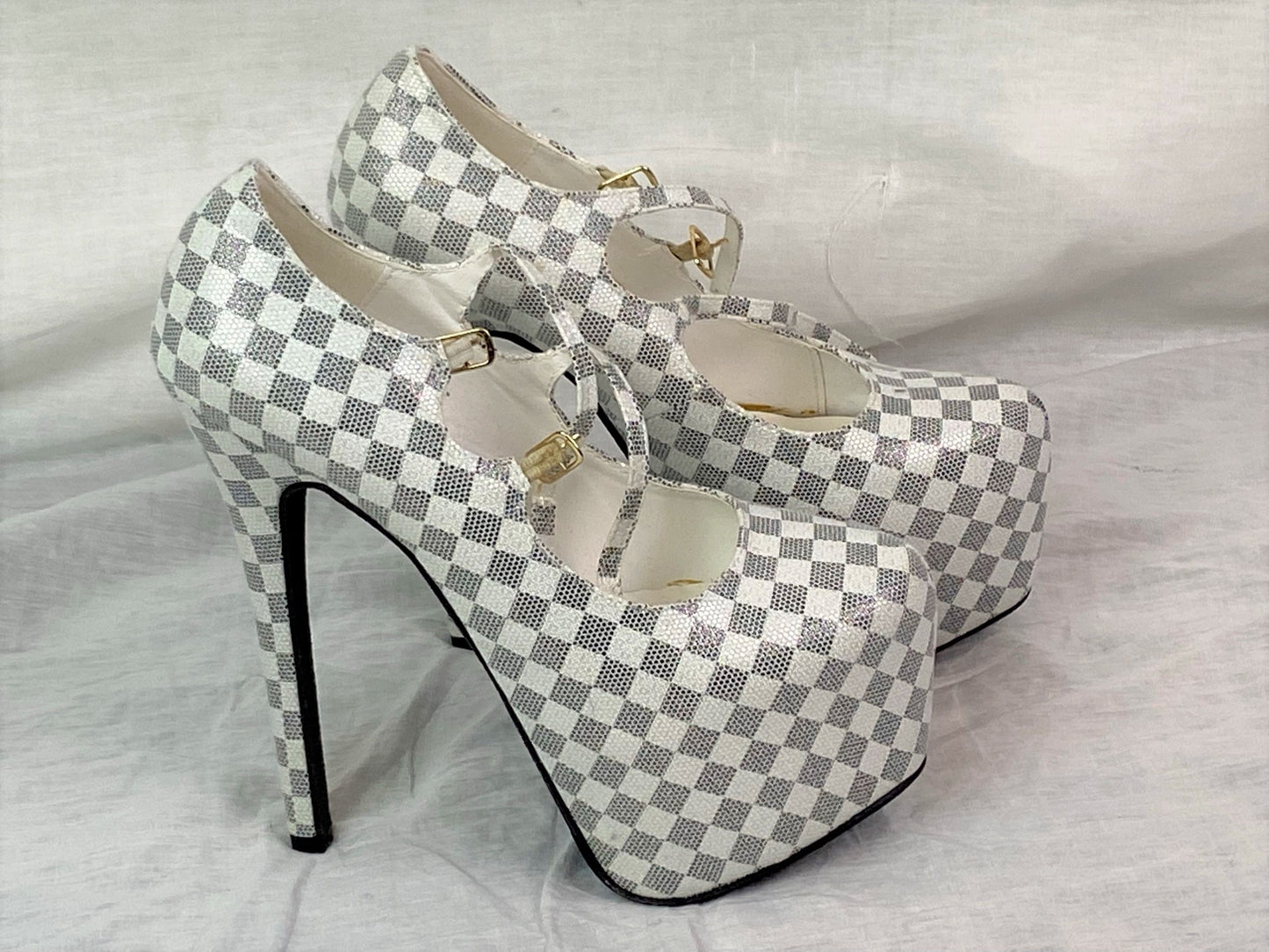 Ami Clubwear White Silver Gray checkerboard Platform Pumps Stilettos ABBY ESSIE STUDIOS