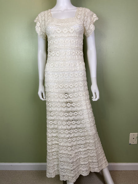 Vintage Bespoke Hand Knit Cream White Lace Crochet Gown