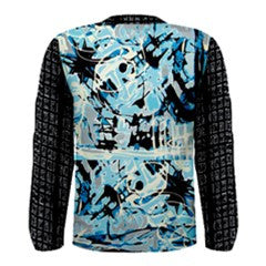 Le Closet #5 Mens Storm Grid Matrix Abstract Hand Painted Print Blue Black Long Sleeve Tee ABBY ESSIE