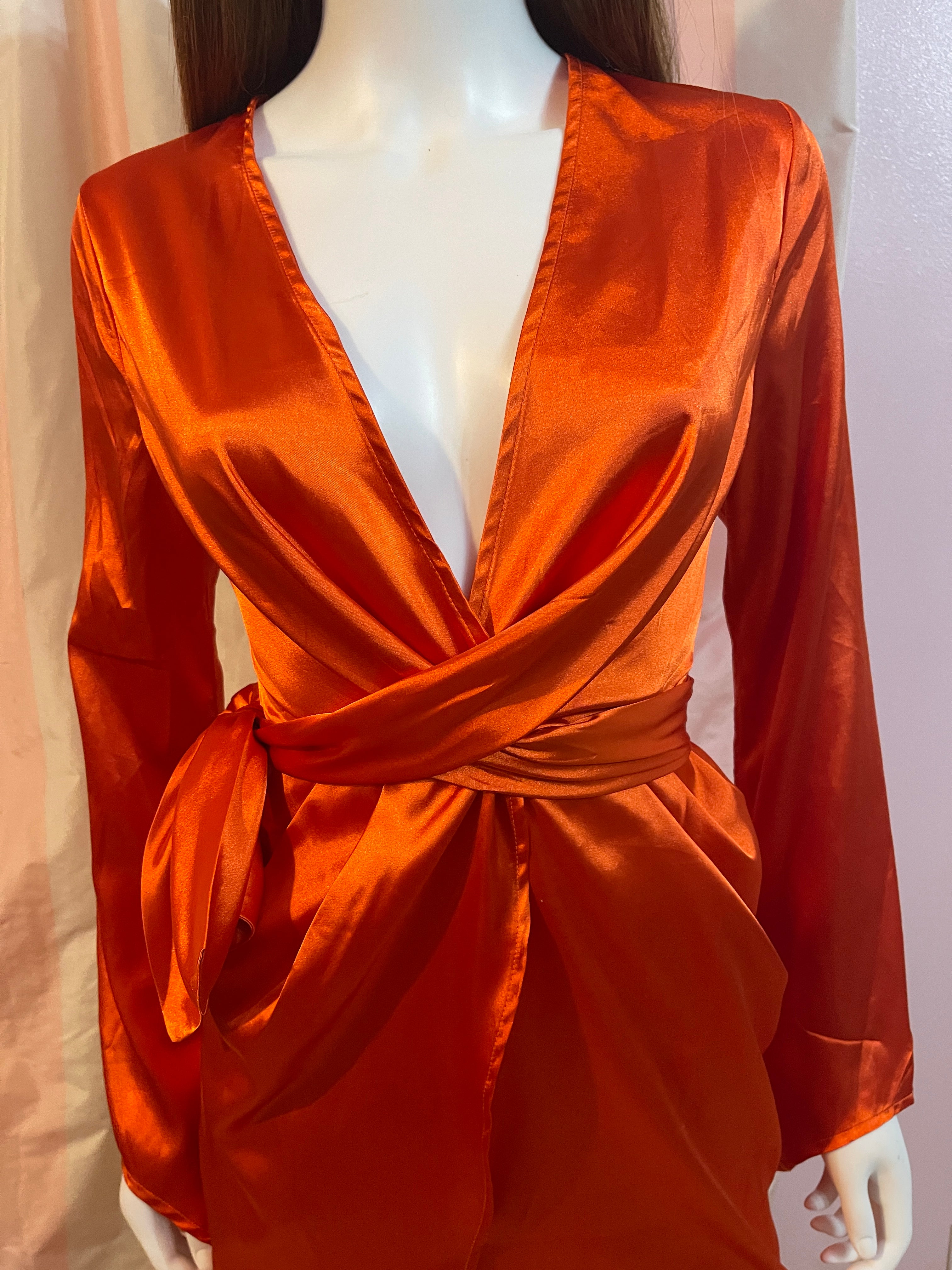 Orange satin wrap dress hotsell