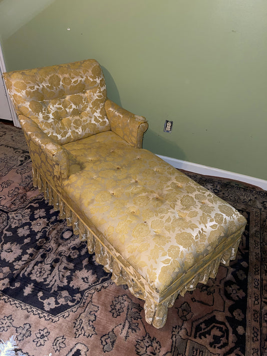 RENTAL VINTAGE DISTRESSED YELLOW GOLD SATIN CHAISE SOFA LOVESEAT