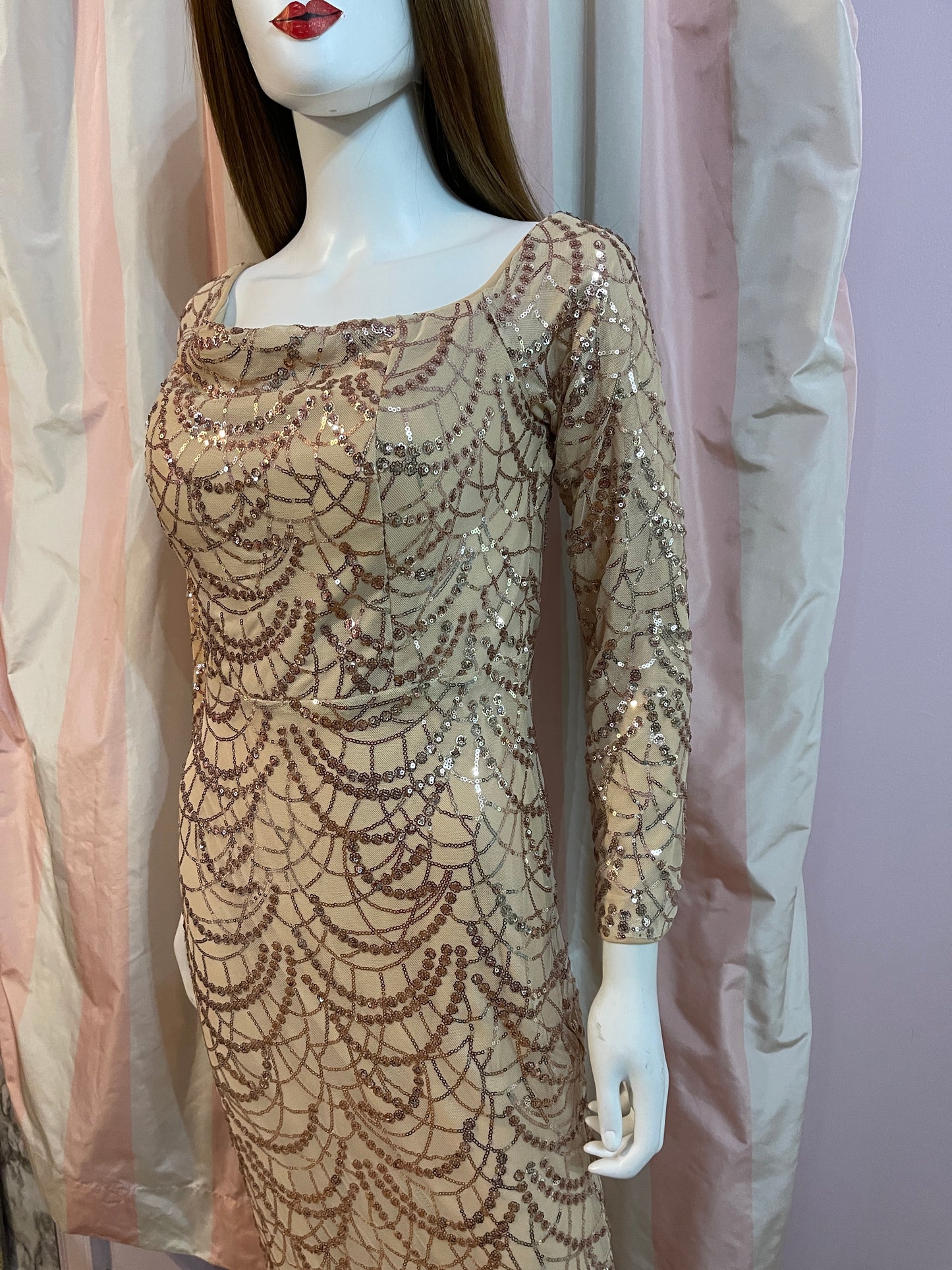 Beige Silk Sequin Sheer Long Sleeve Gown Dress