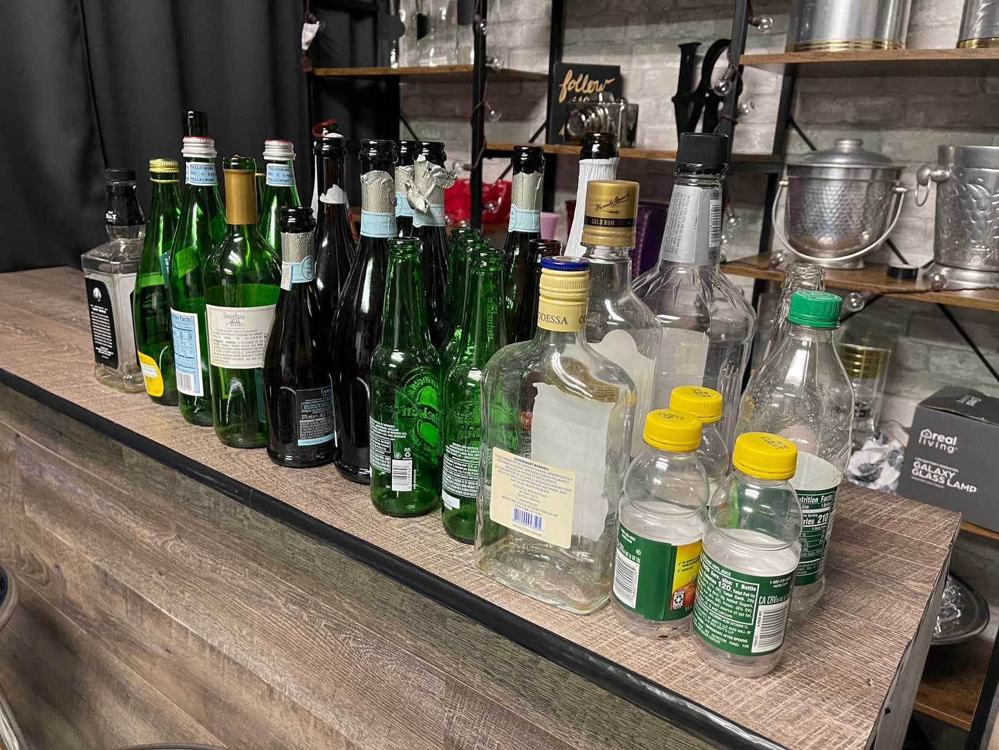 RENTAL LOT OF EMPTY BAR BOTTLES WINE CHAMPAGNE BEER PROPS