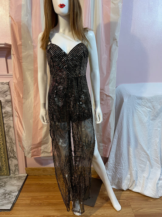 Vintage Gold Lane Black Sequin Sheer pantsuit