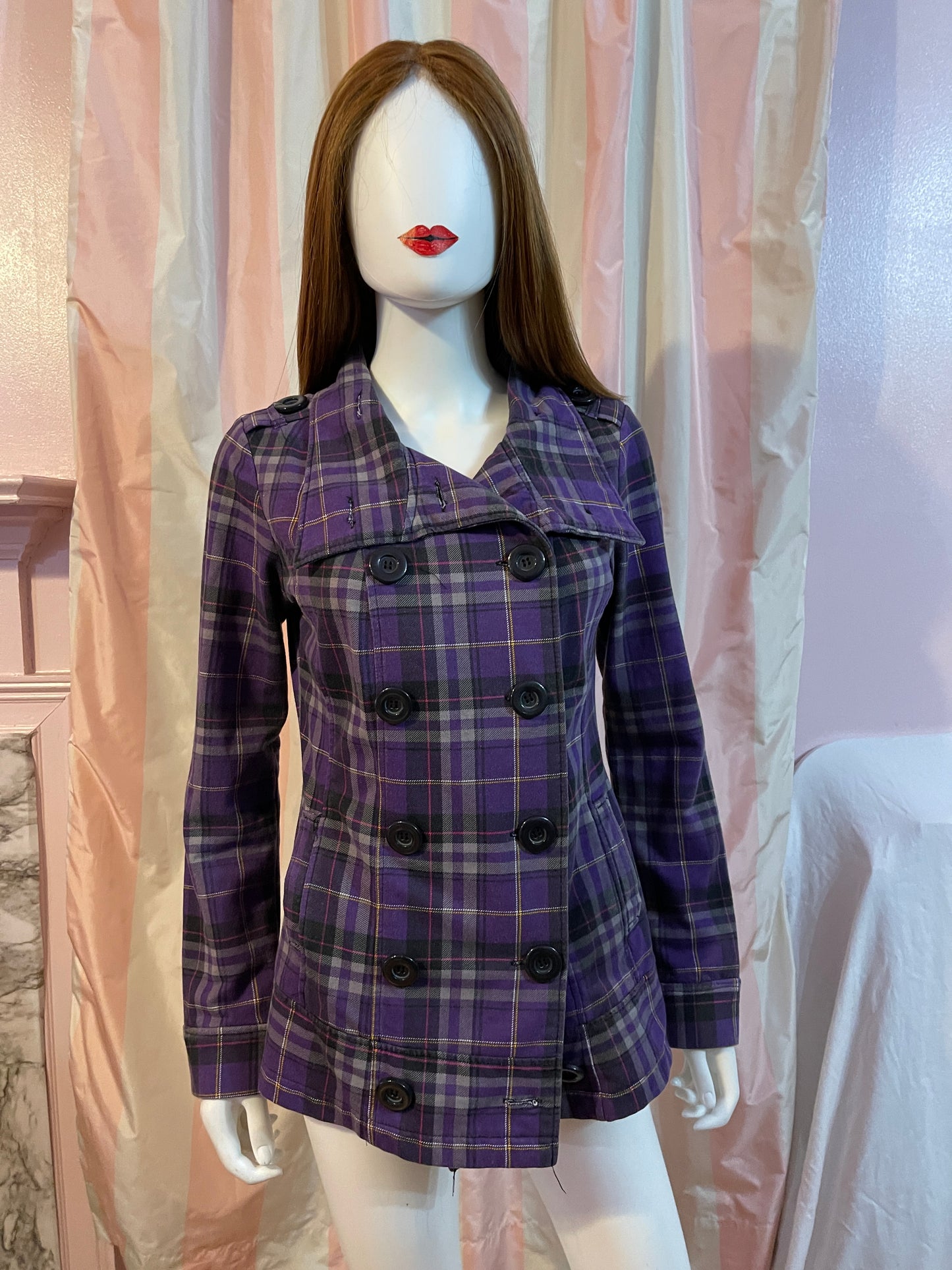 Purple Plaid Double Breasted Blazer Jacket