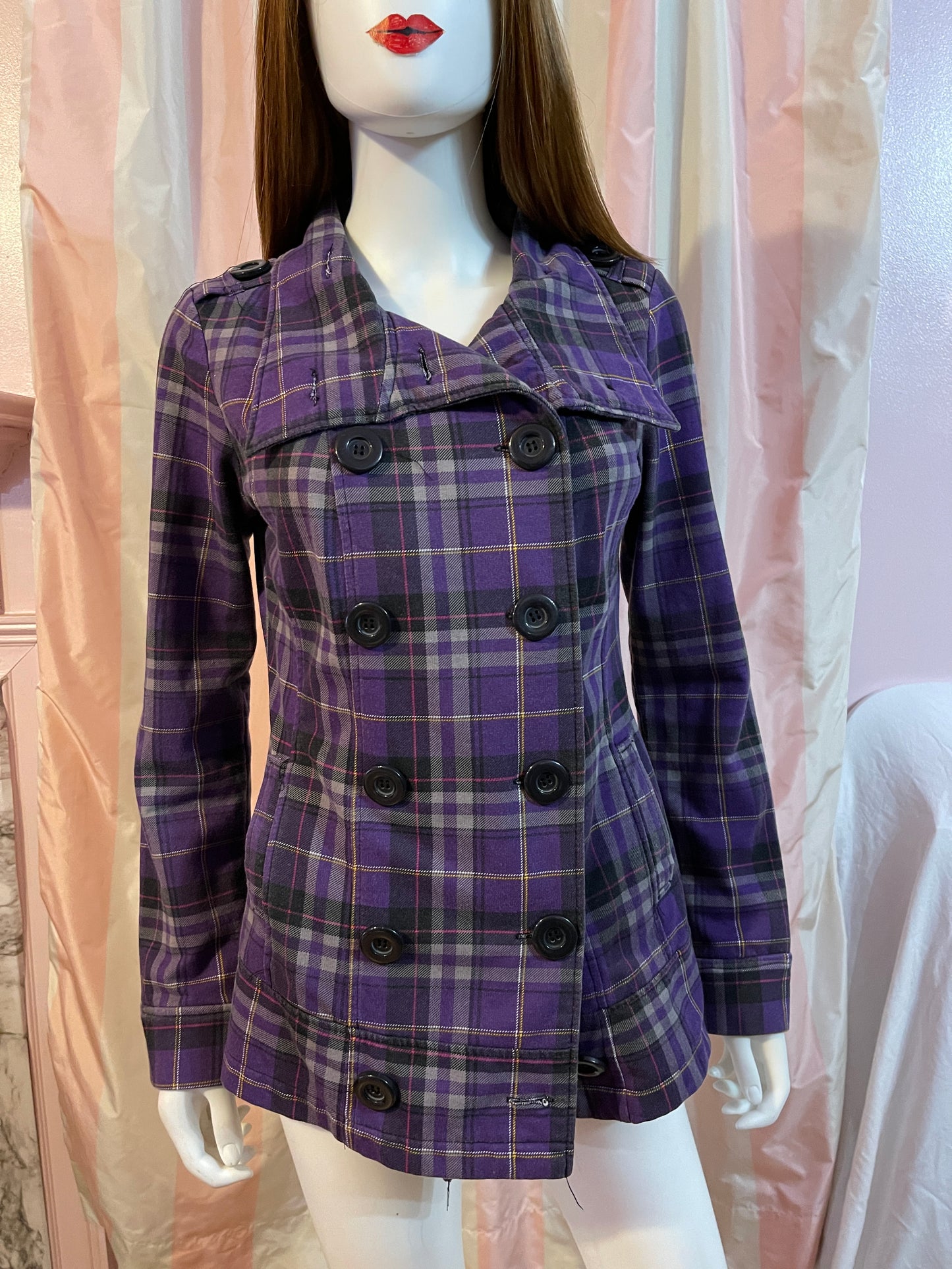 Purple Plaid Double Breasted Blazer Jacket