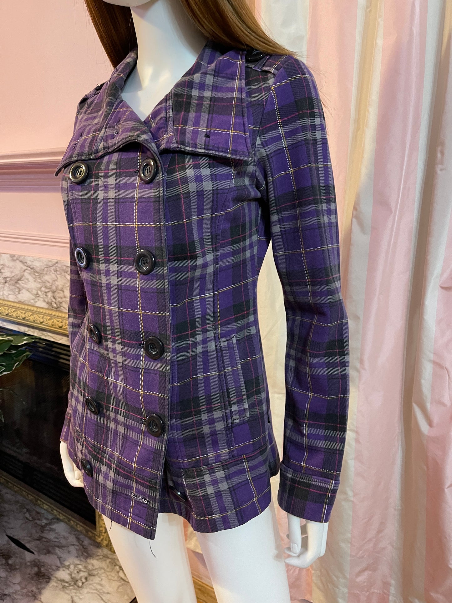 Purple Plaid Double Breasted Blazer Jacket