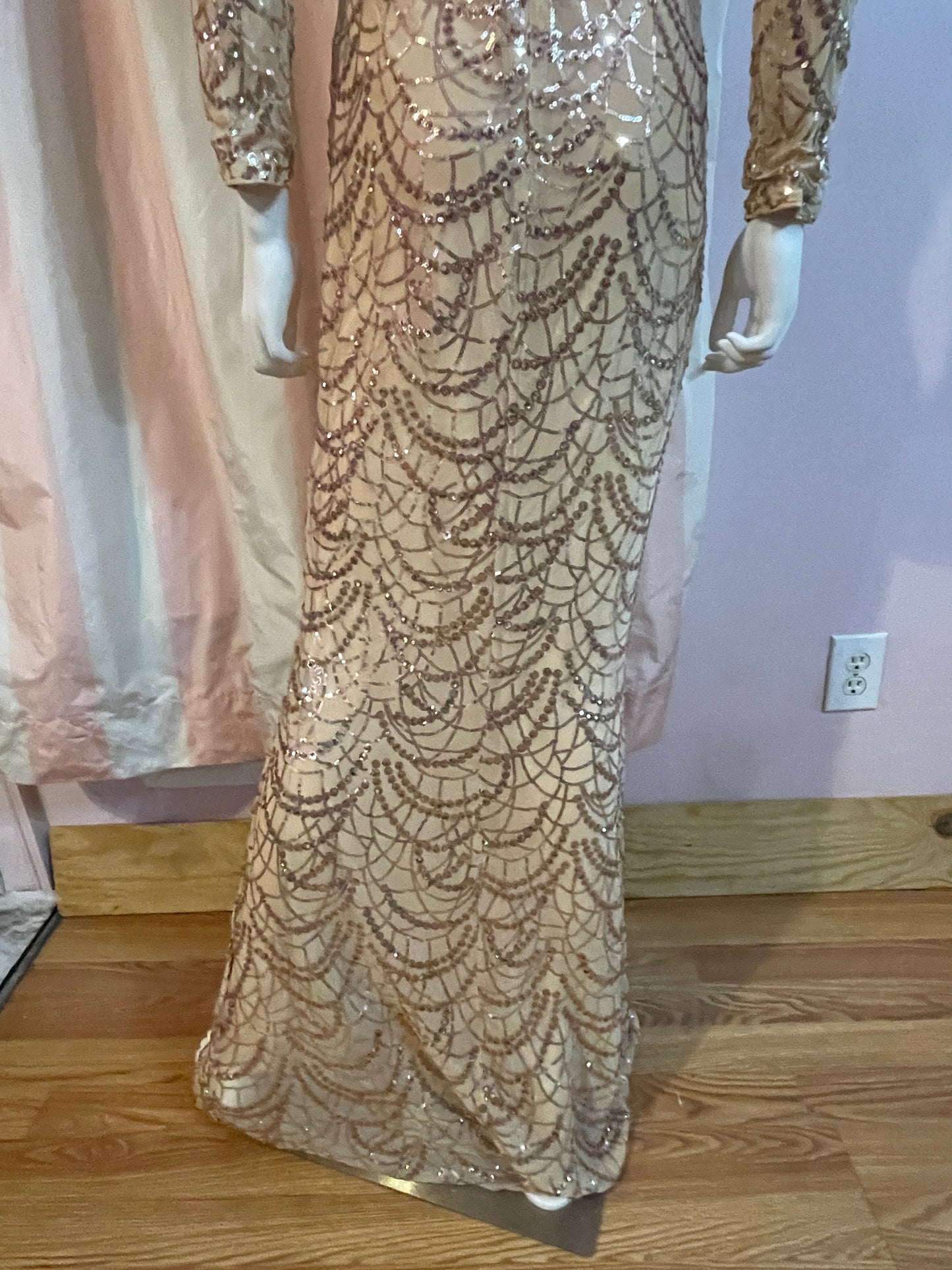 Beige Silk Sequin Sheer Long Sleeve Gown Dress