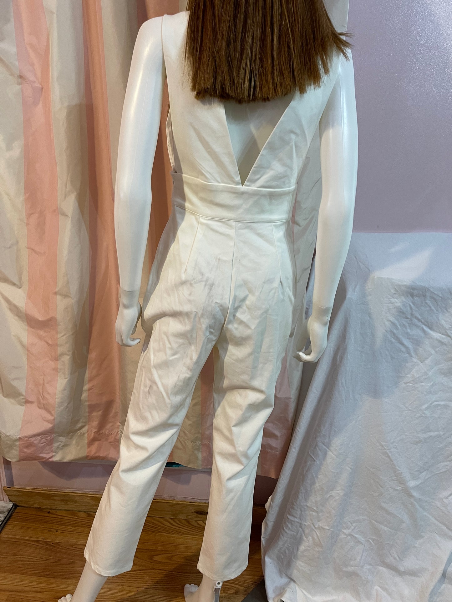 White stretch plunge jumpsuit