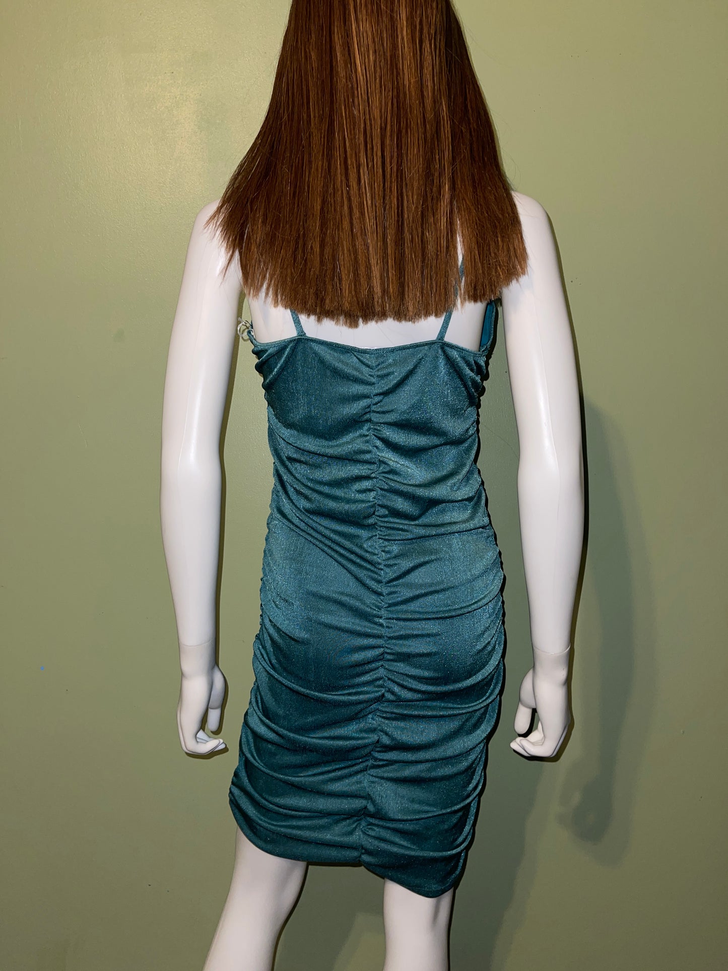 DRESS RENTAL GREEN RUCHE SLEEVELESS SPAGHETTI STRAP CLUB COCKTAIL