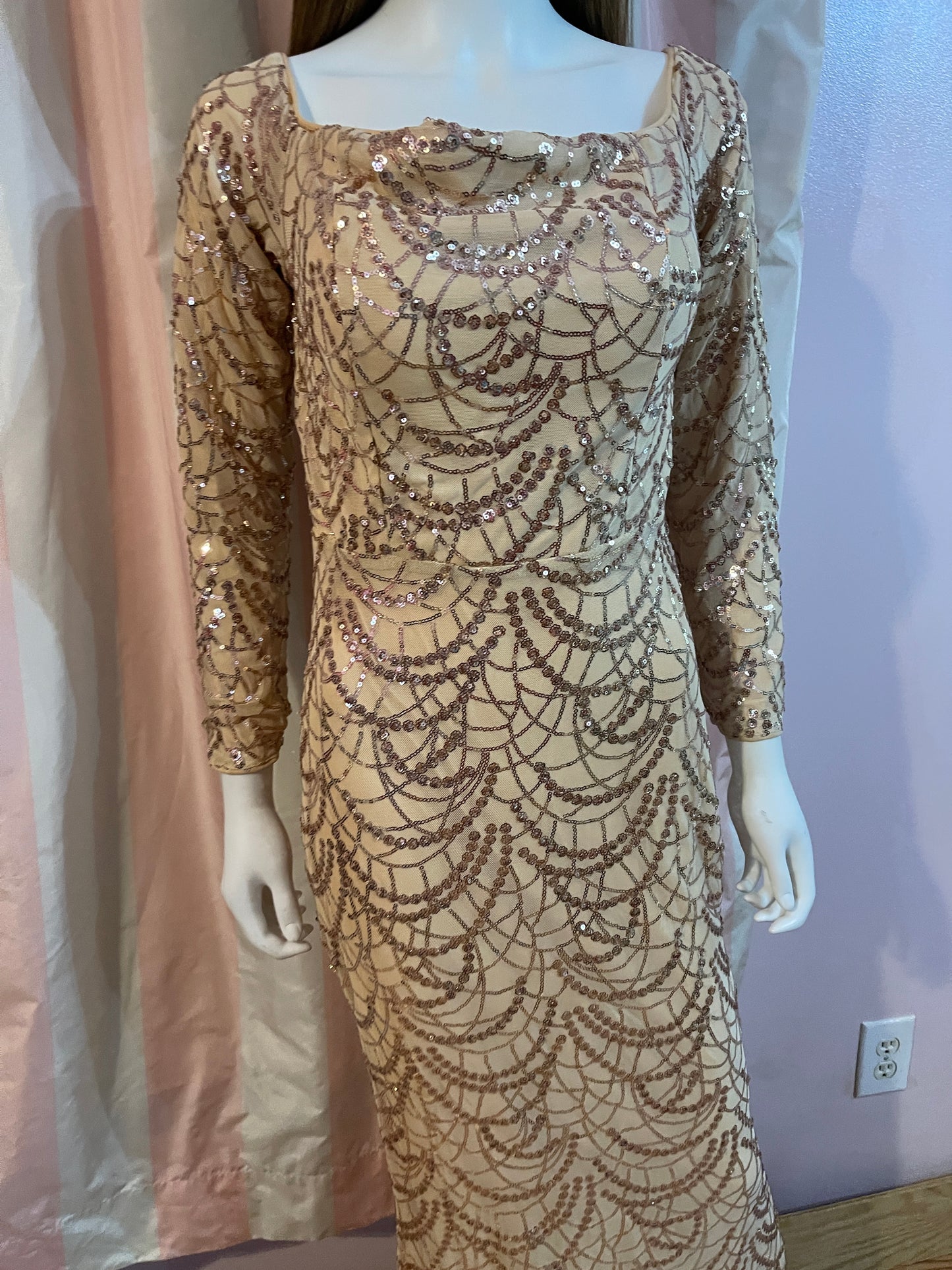 Beige Silk Sequin Sheer Long Sleeve Gown Dress