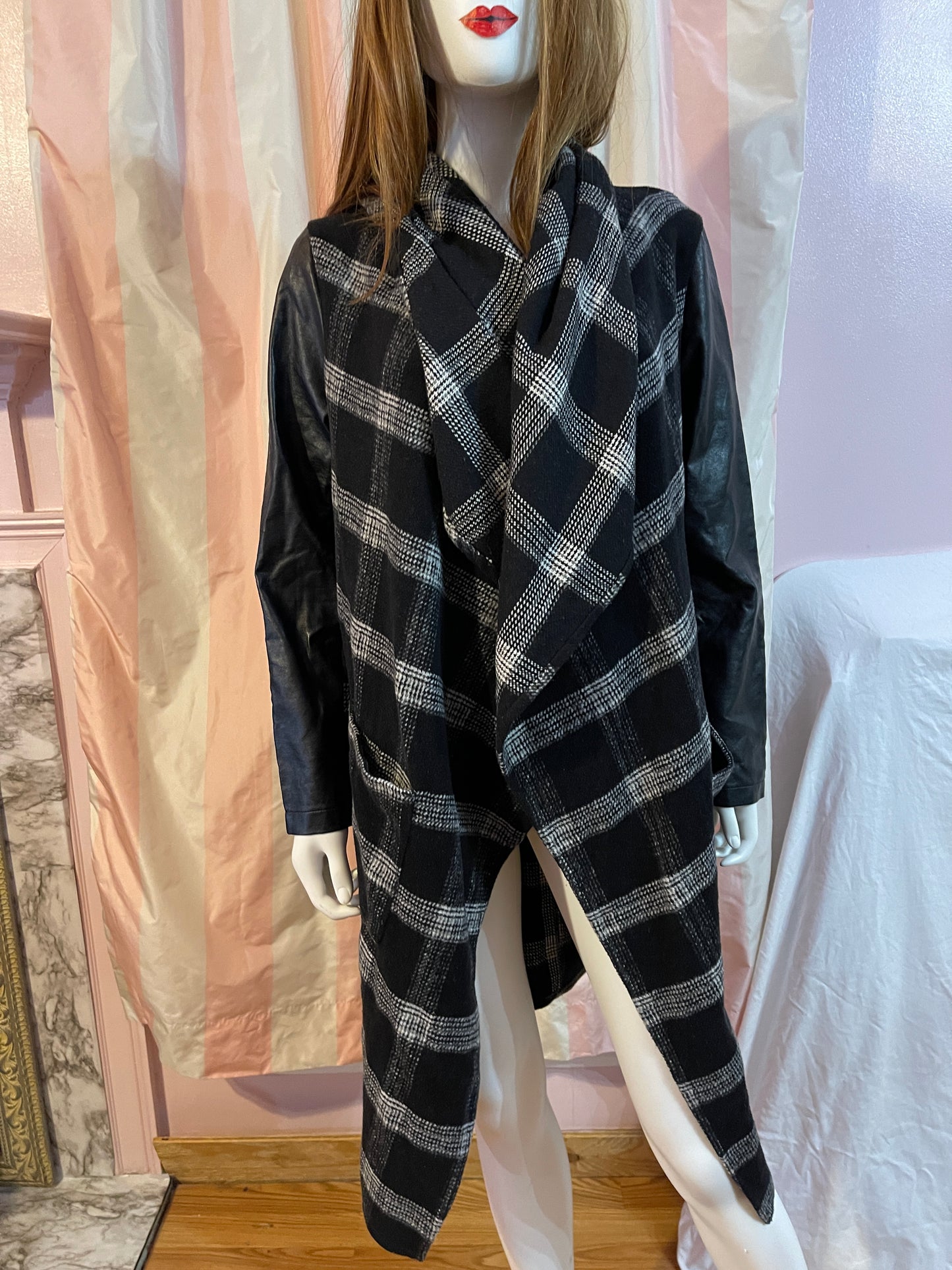 Black Gray Plaid Leather Wrap Coat