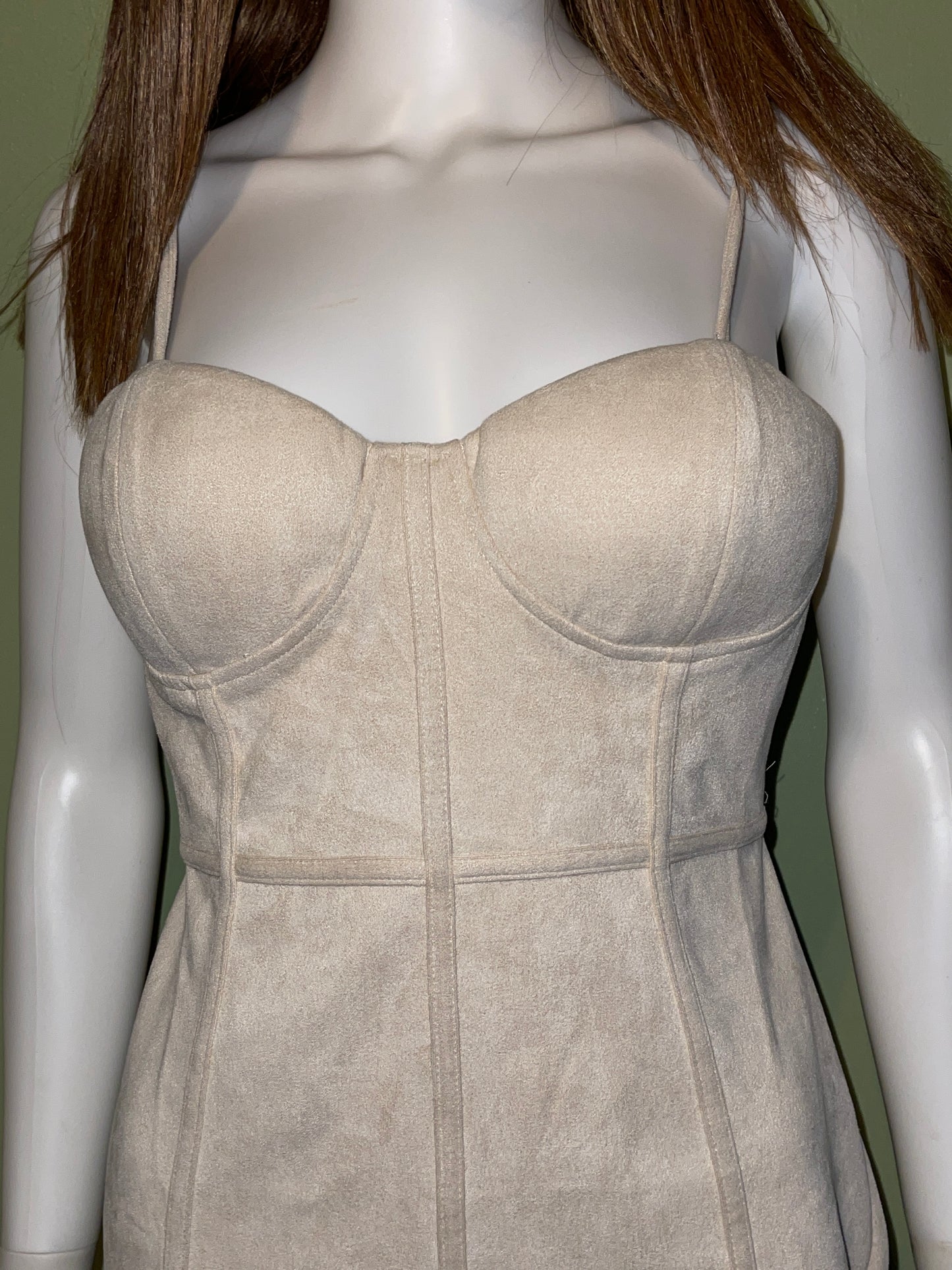 DRESS RENTAL VEGAN SUEDE BEIGE TAN BUSTIER DRESS SLEEVELESS WEDDING