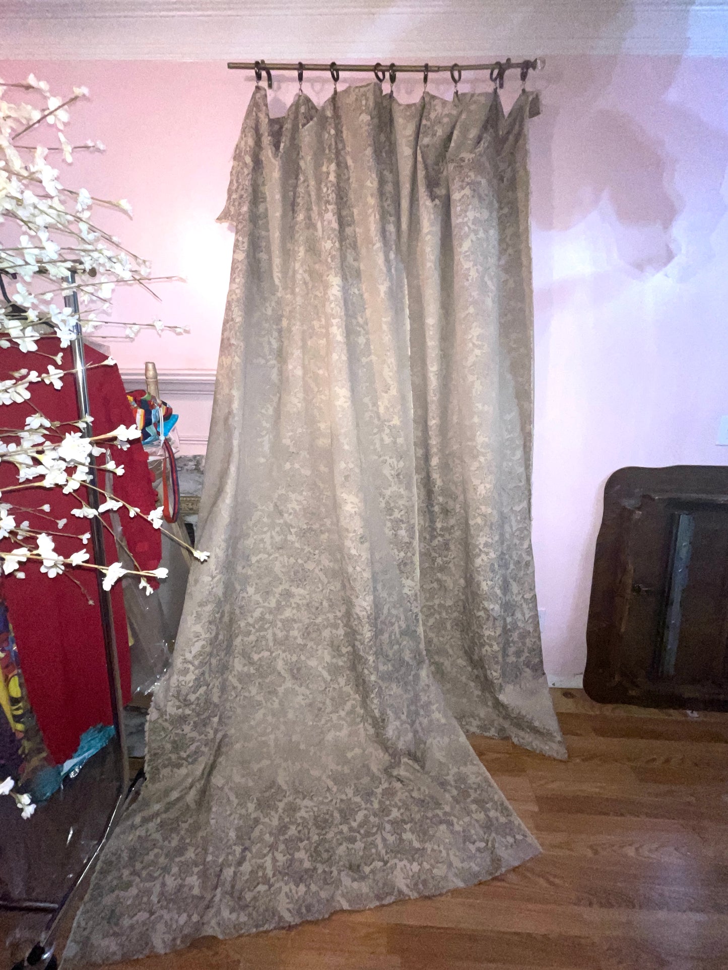 CURTAIN RENTAL TAN BEIGE GOLD BROCADE SATIN FLORAL BRIDGERTON FABRIC FRENCH VICTORIAN