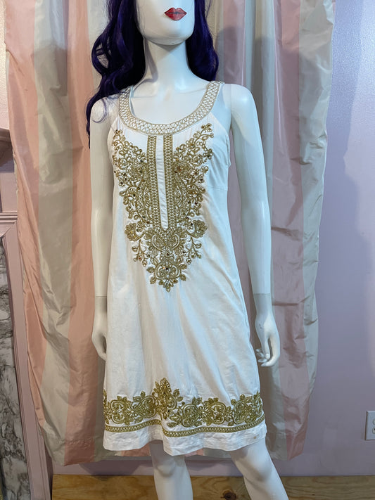 White Gold Embroidered Cotton Sheath Dress