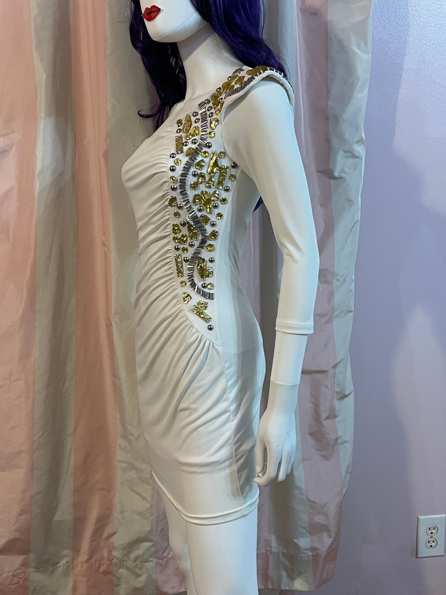 White Gold Sequin One Shoulder Stretch Dress