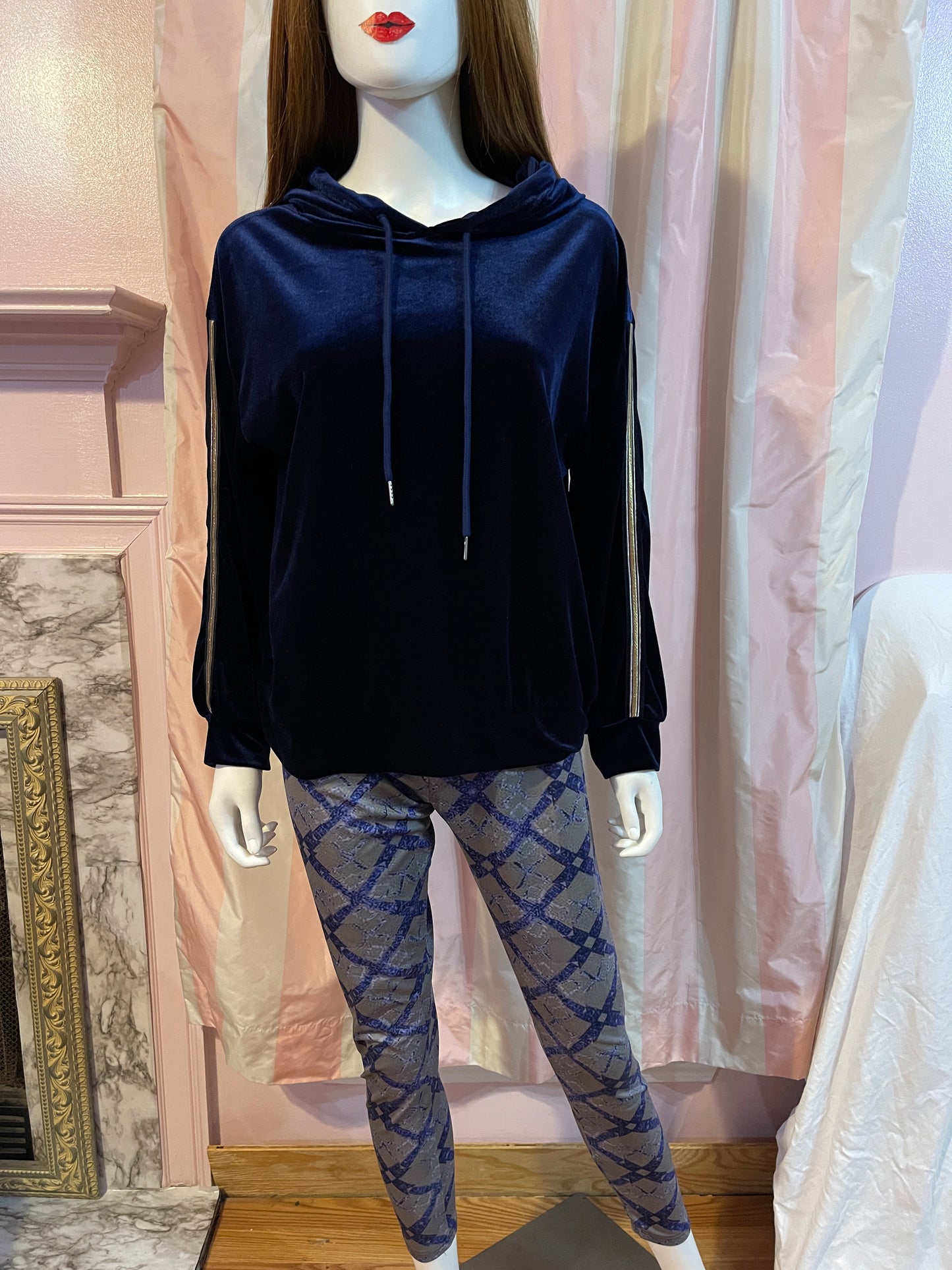 Blue Logo Leggings and Blue Velvet Gold Hoodie