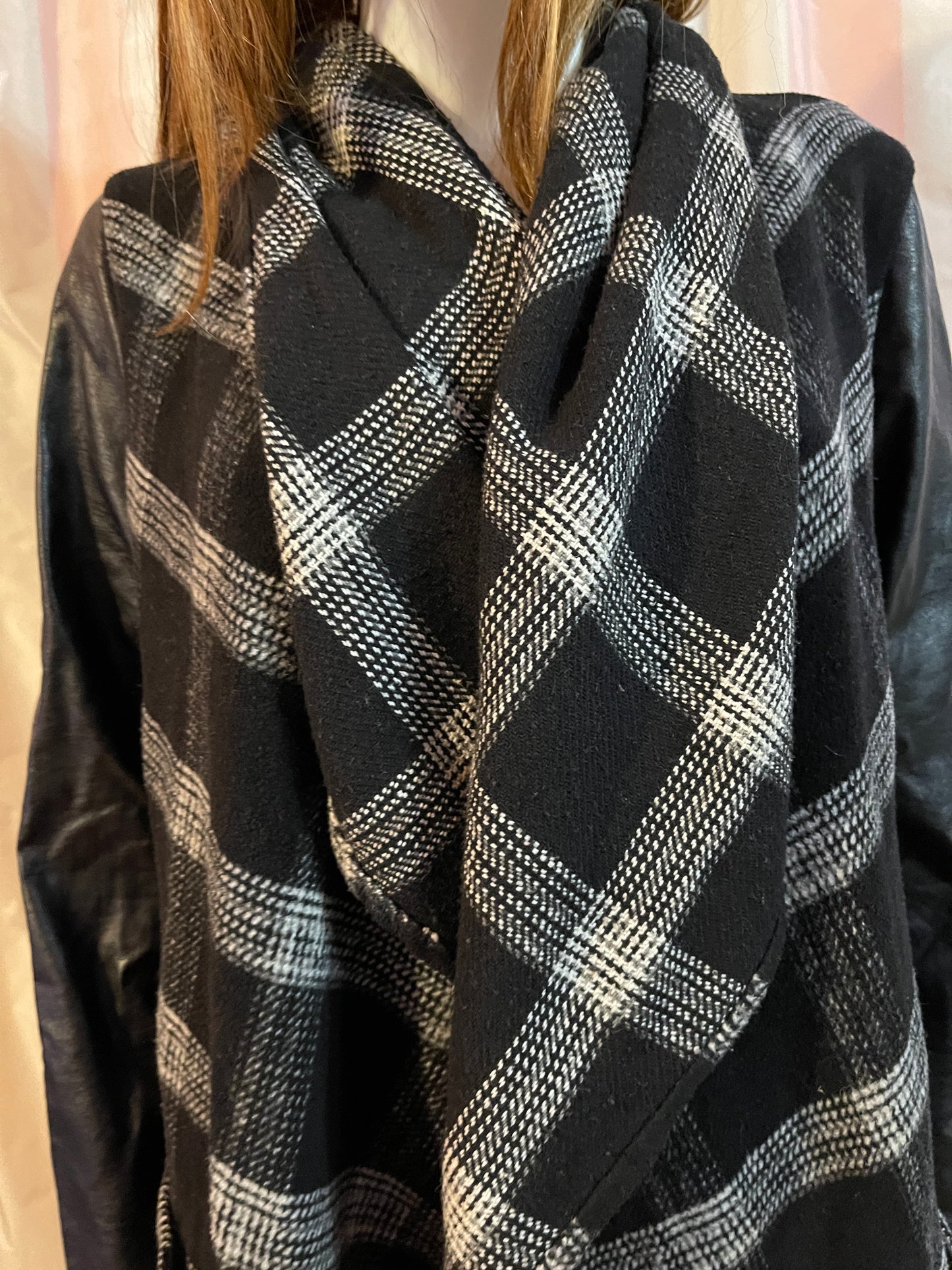 Black Gray Plaid Leather Wrap Coat