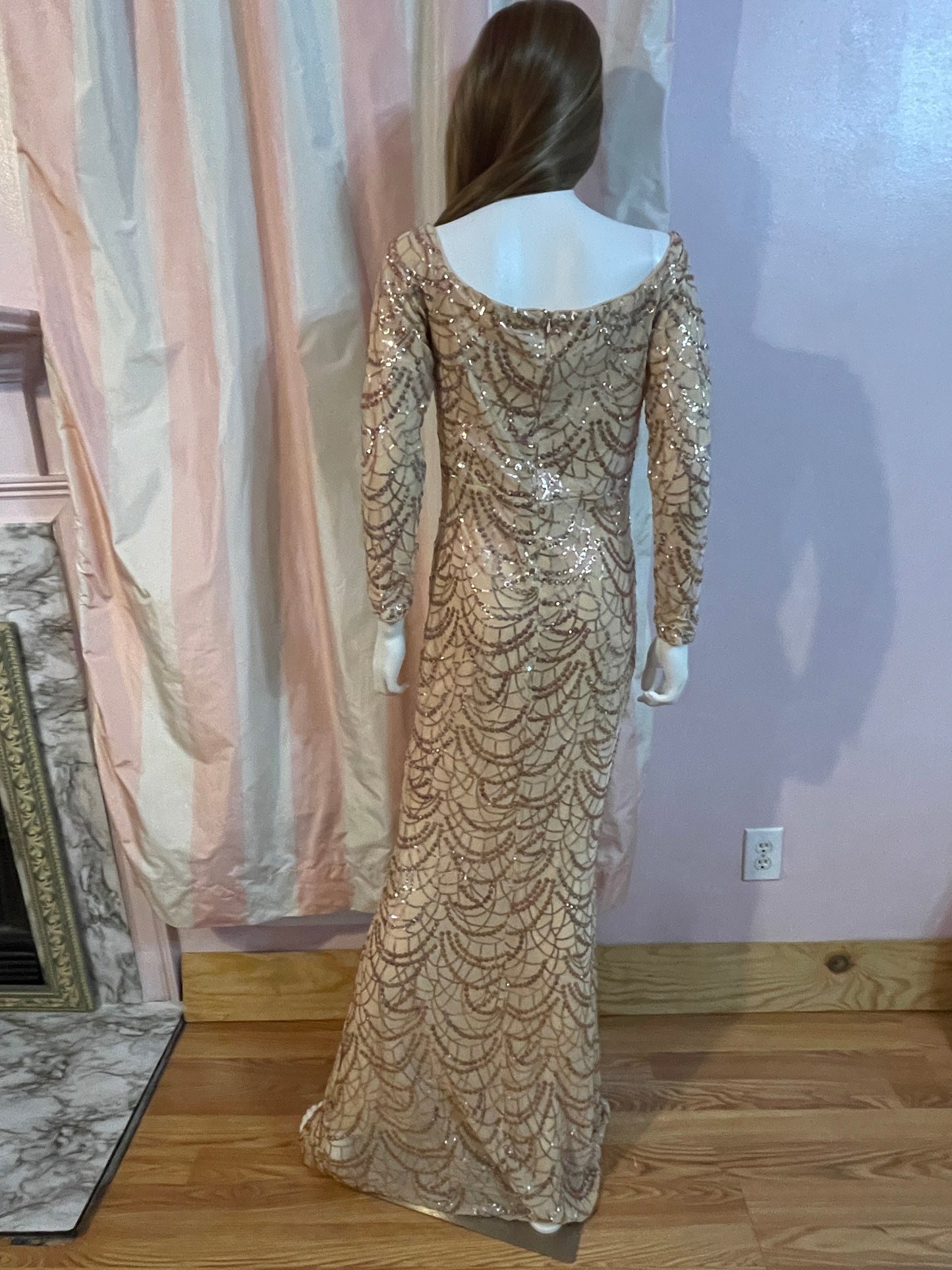 Beige Silk Sequin Sheer Long Sleeve Gown Dress