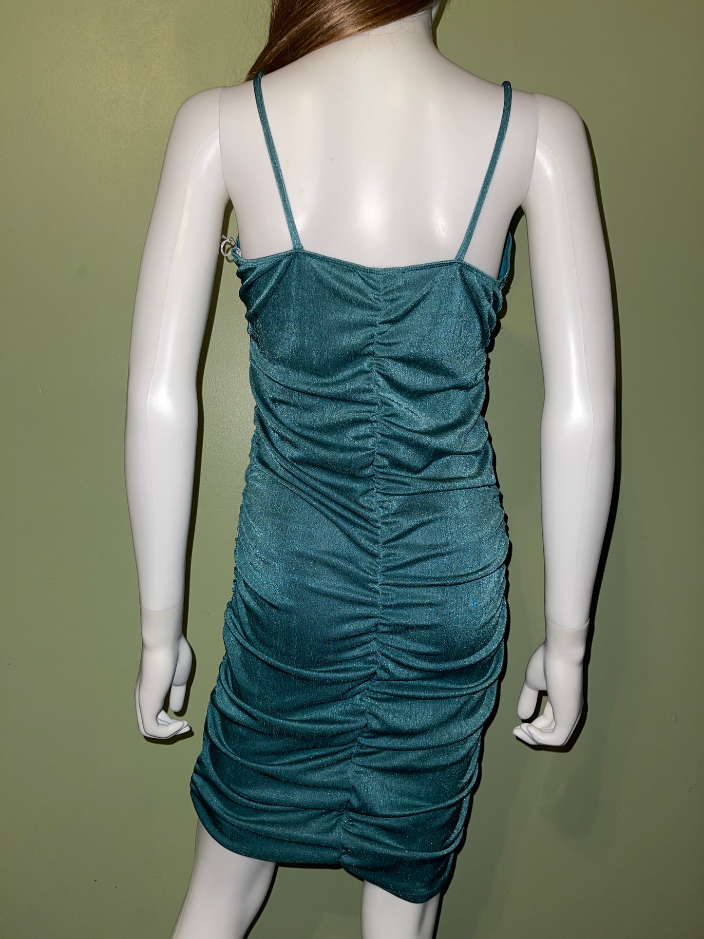 DRESS RENTAL GREEN RUCHE SLEEVELESS SPAGHETTI STRAP CLUB COCKTAIL