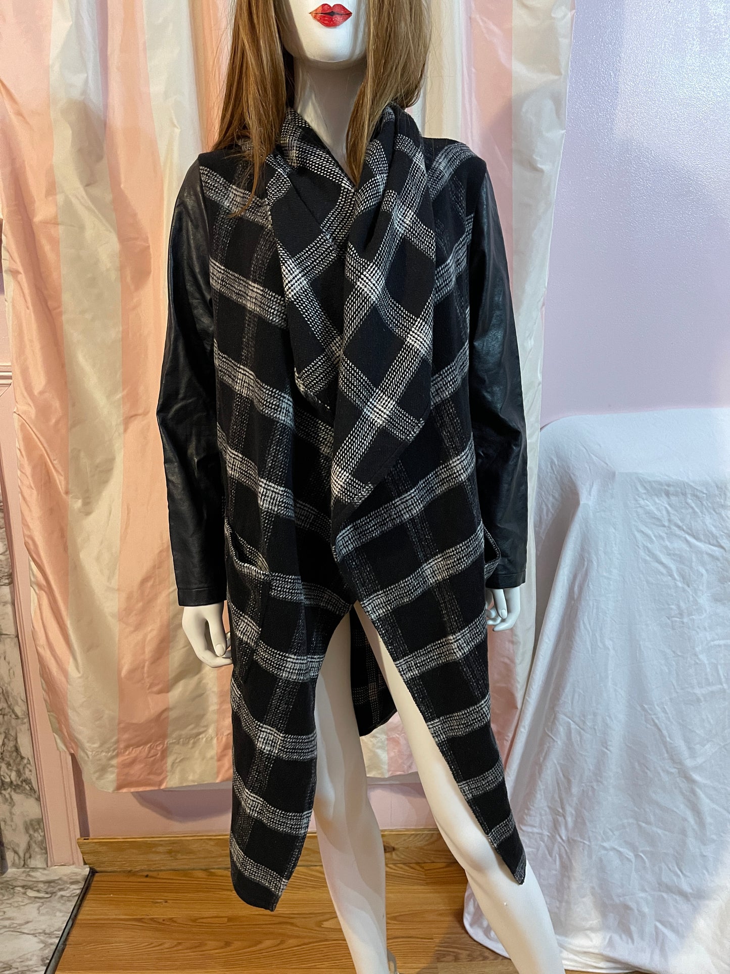 Black Gray Plaid Leather Wrap Coat