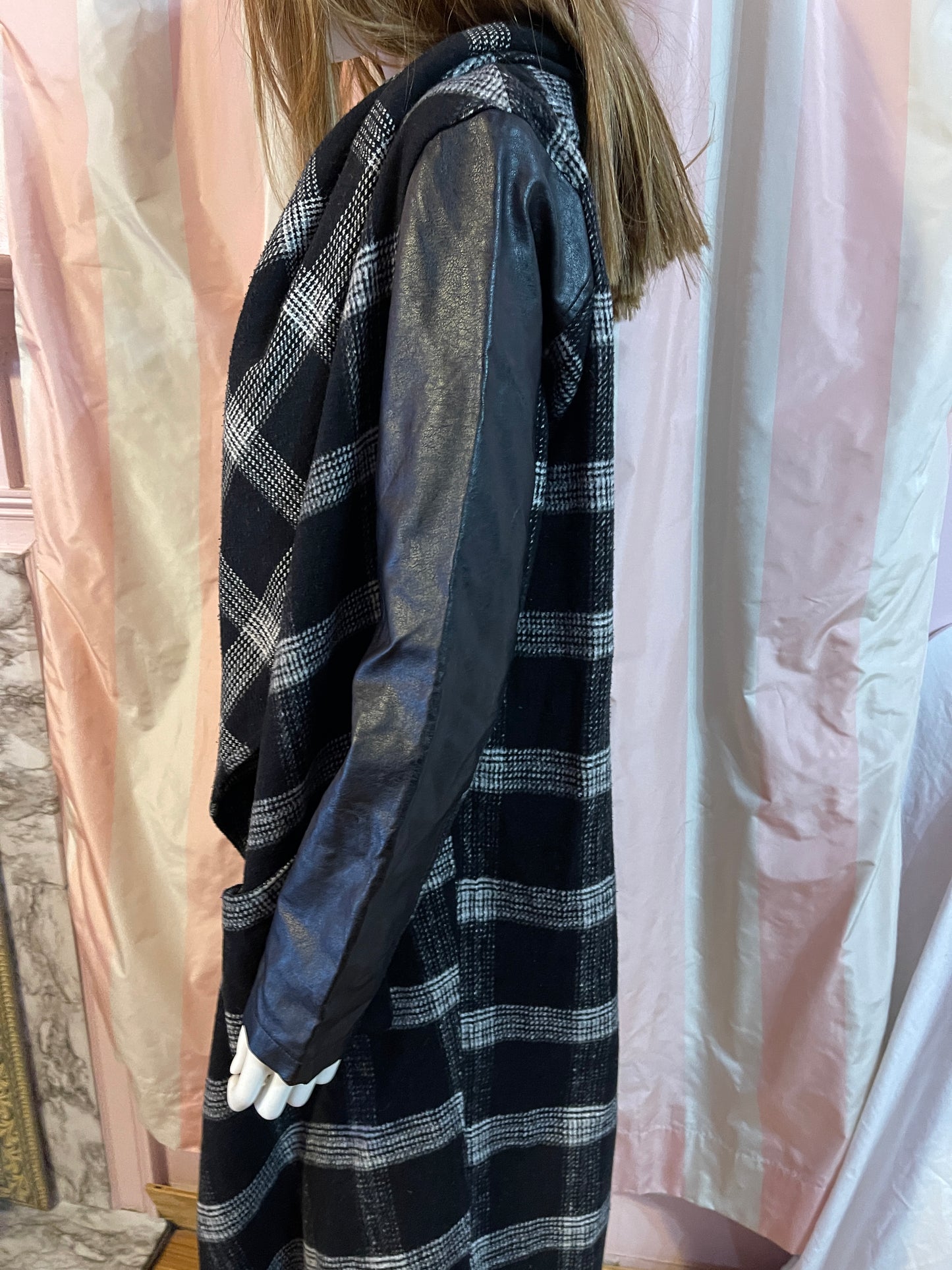 Black Gray Plaid Leather Wrap Coat