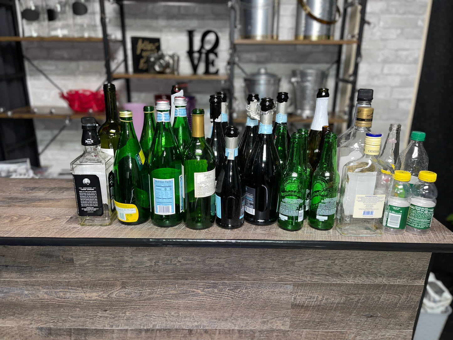 RENTAL LOT OF EMPTY BAR BOTTLES WINE CHAMPAGNE BEER PROPS