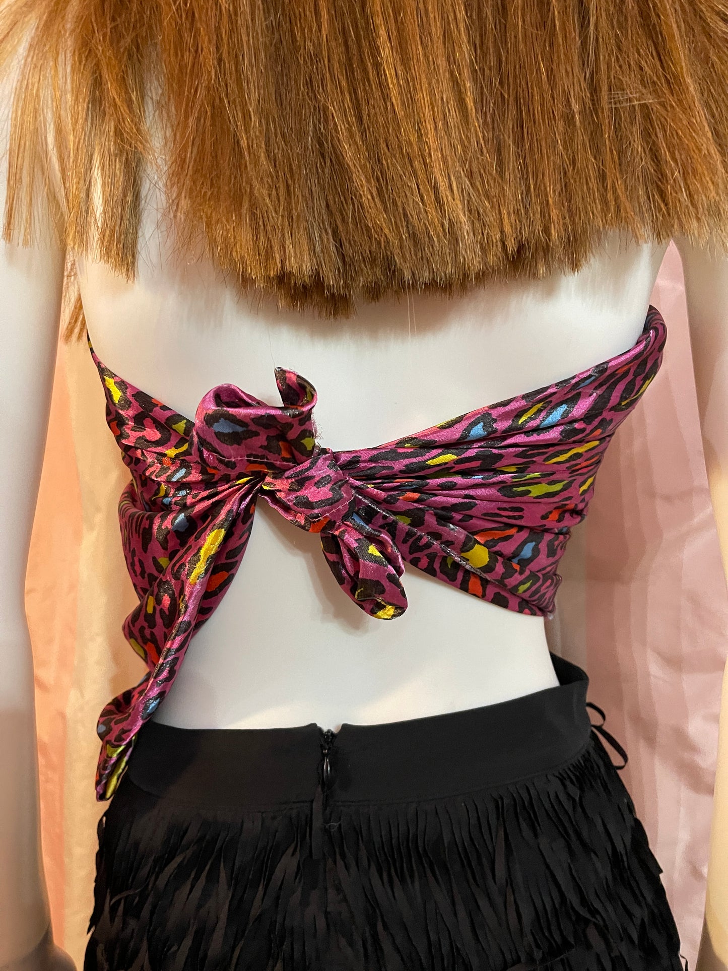 Hot Pink Cheetah Silk Scarf Top and Black Fringe Mini Skirt