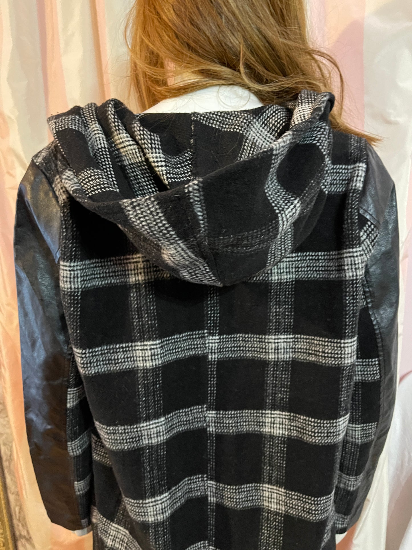 Black Gray Plaid Leather Wrap Coat