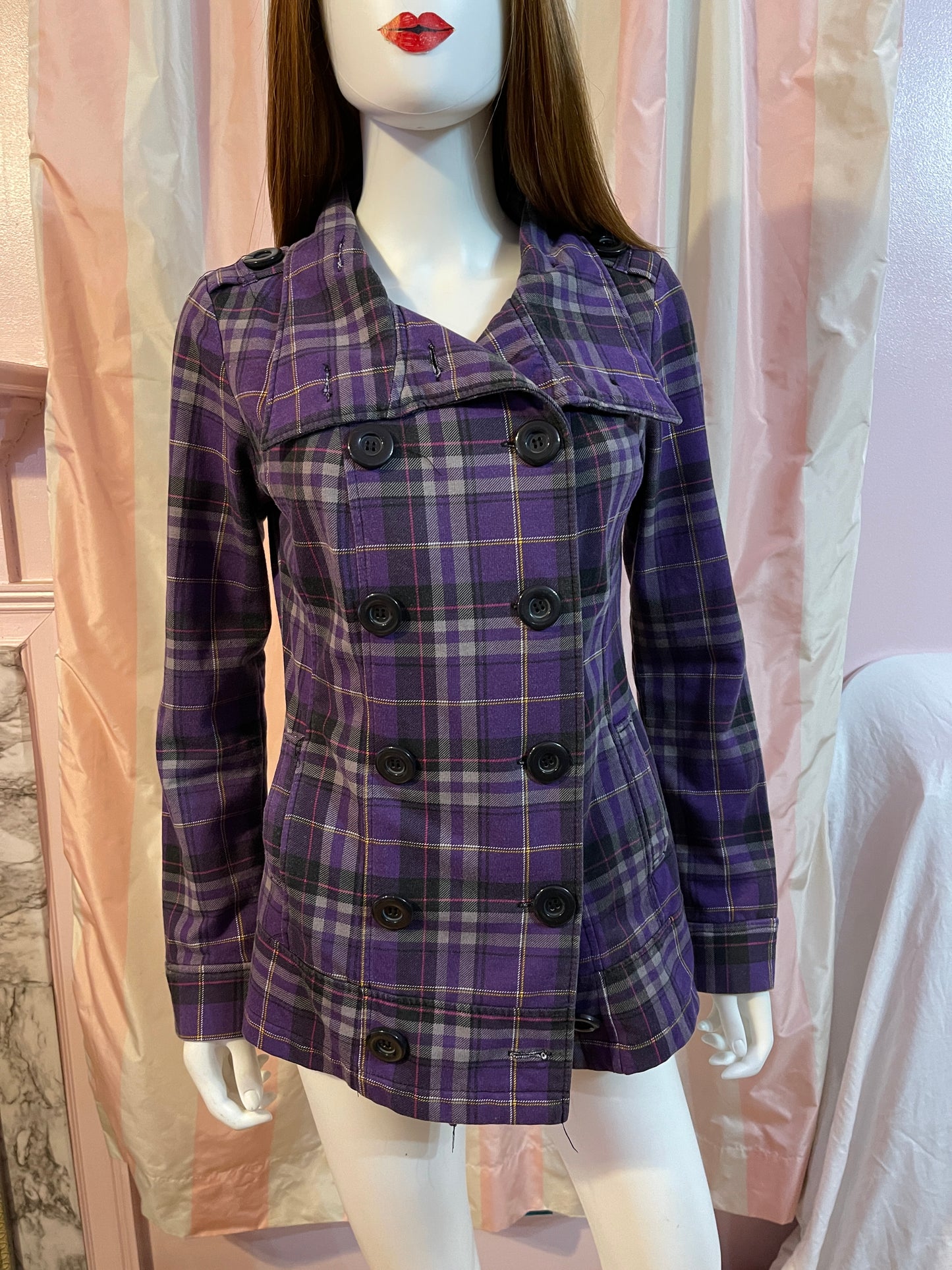 Purple Plaid Double Breasted Blazer Jacket