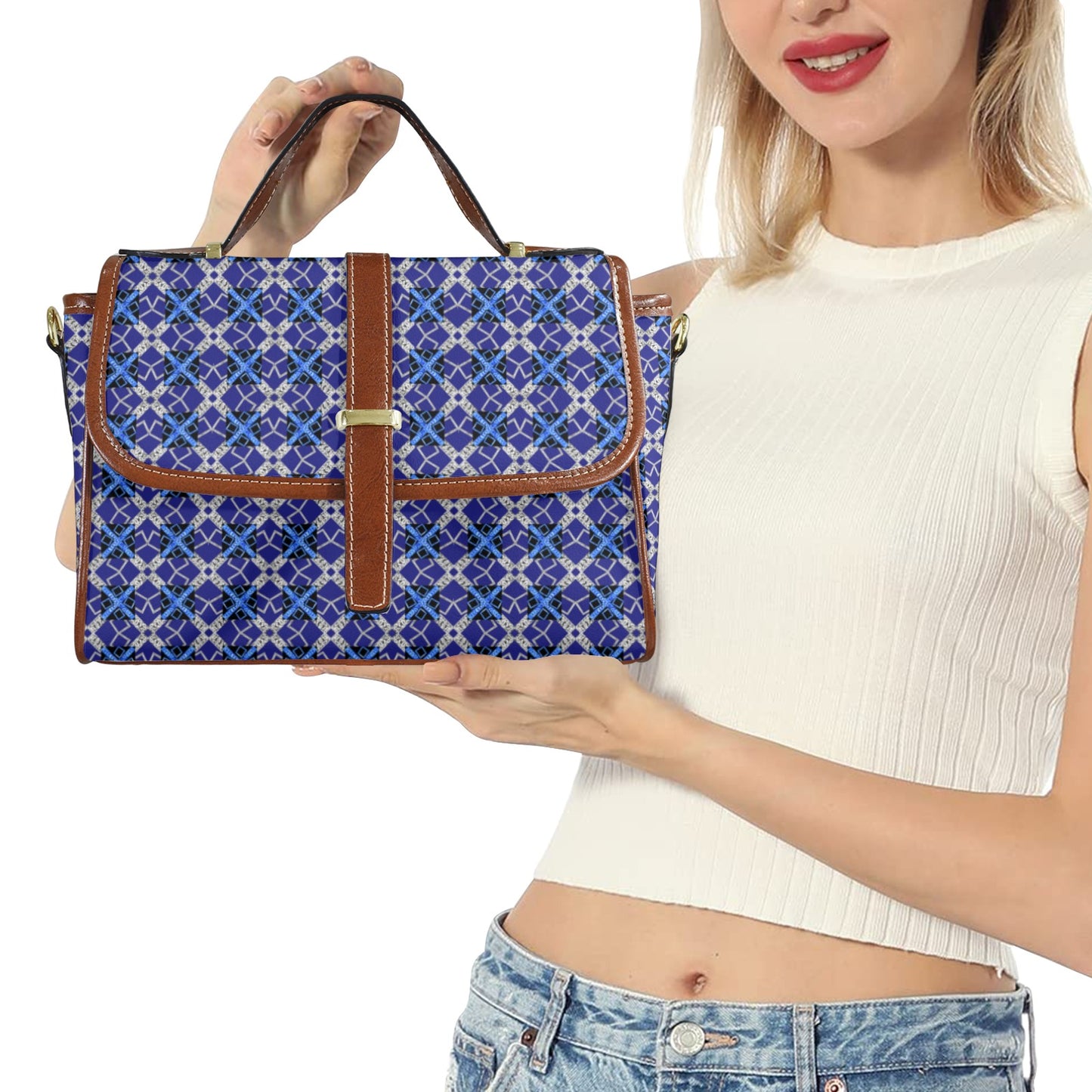 blue 12 Multi-Function Leather Satchel-Brown (Model 1739)