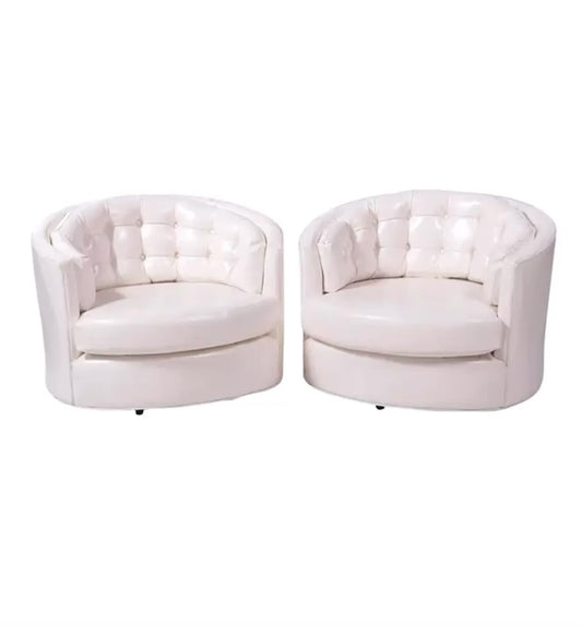 SOLD Modern White Tufted Faux Leather Tub Chairs