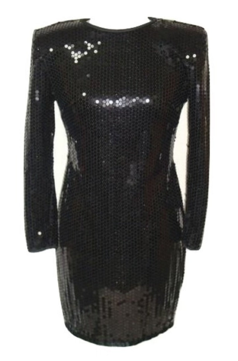 Vintage Black Sequin Stretch Open Back Wiggle Cocktail Dress 10 Medium ...