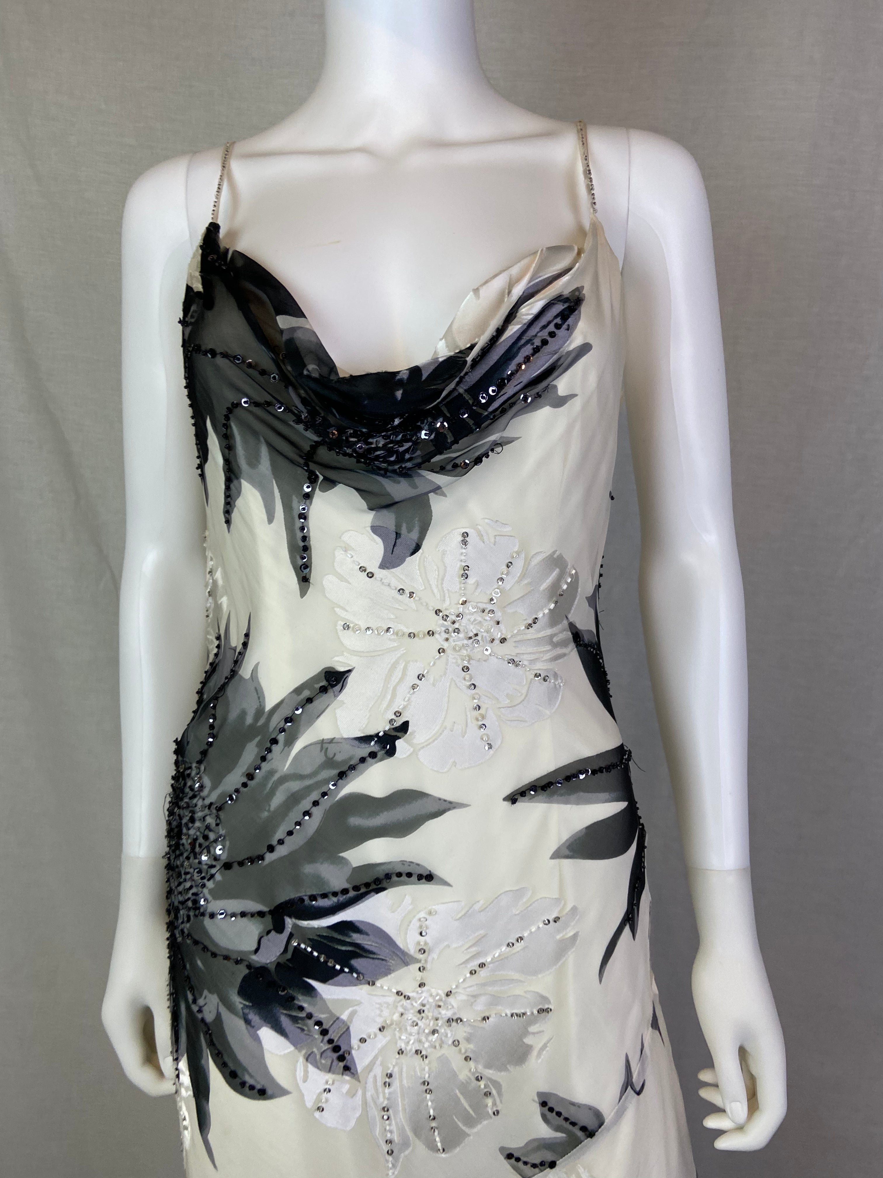 Cache Beaded White Black Floral Silk Gown