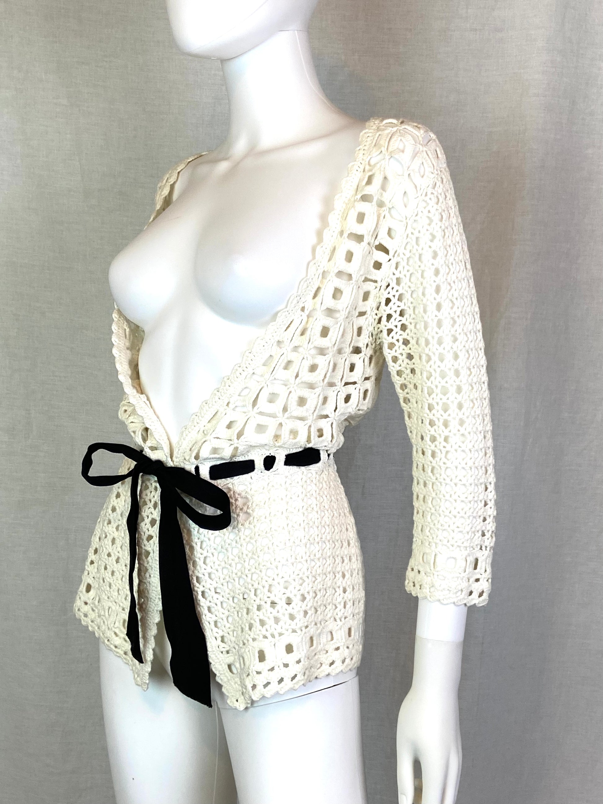 Sharon Young Cream White Knit Lace Sweater Coverup Small ABBY ESSIE STUDIOS