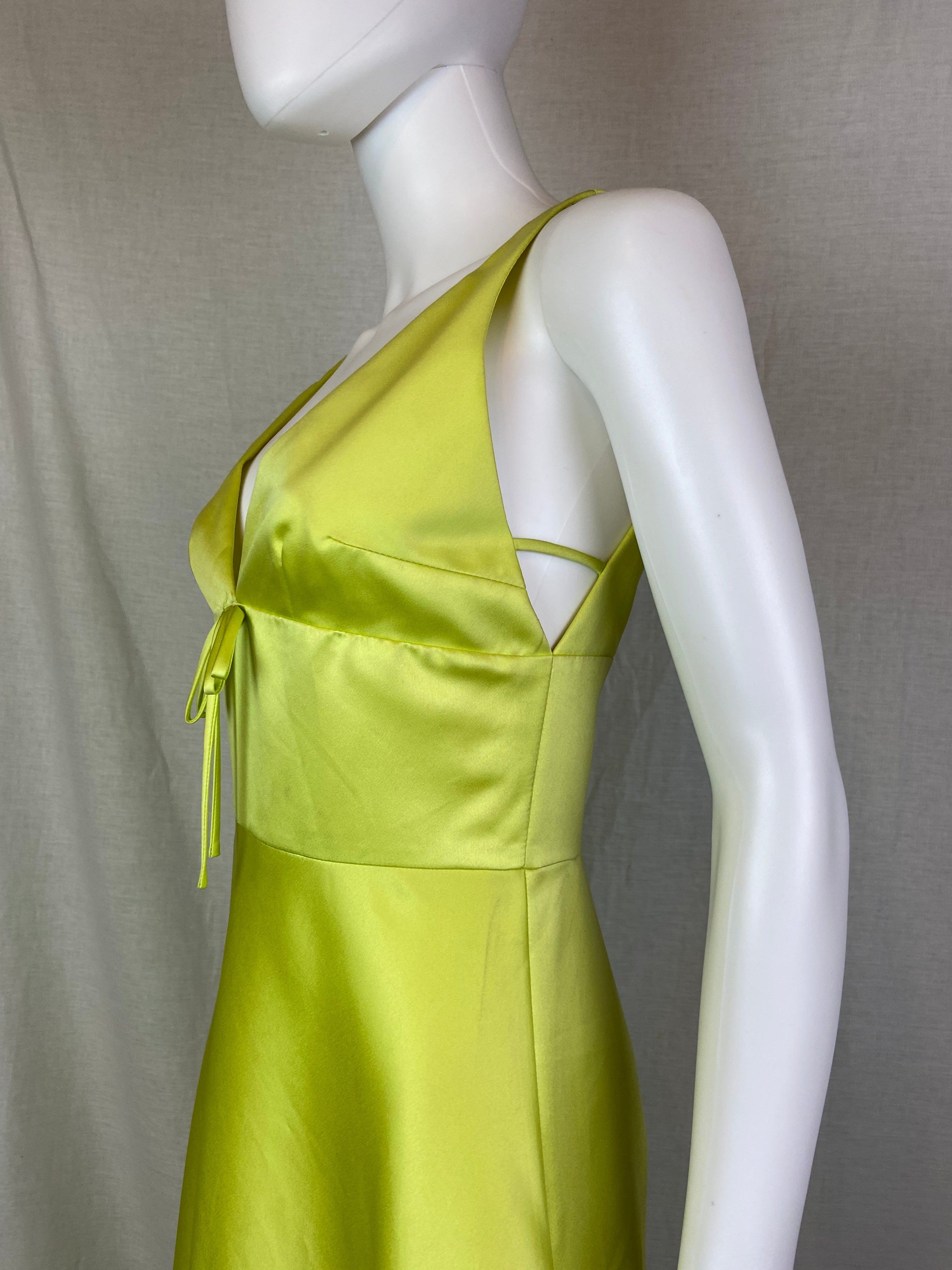 David Meister Lime Green Chartreuse Satin Plunge Dress