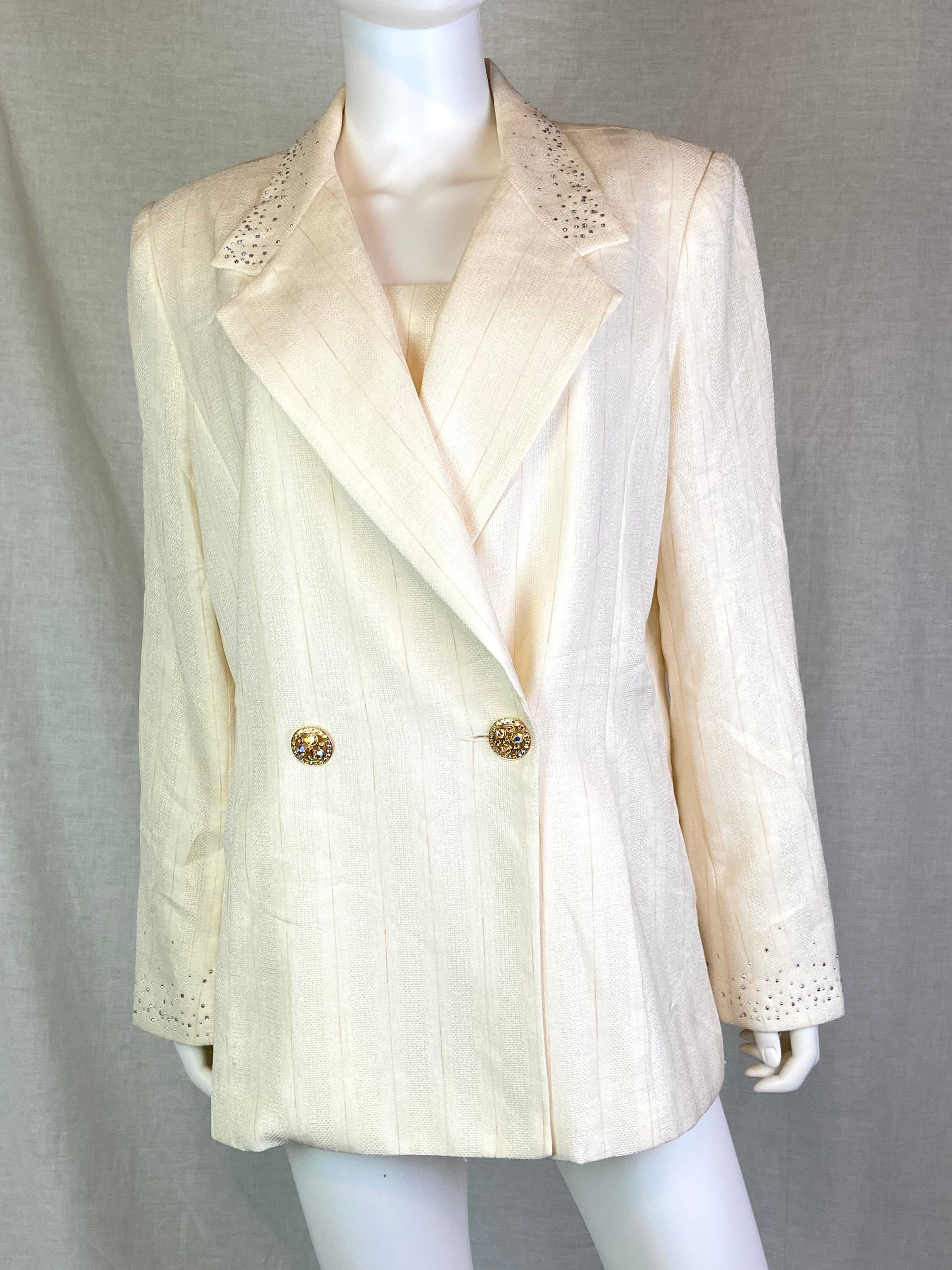 Lily & Taylor Cream White Striped Rhinestone Blazer Jacket – SUGA LANE