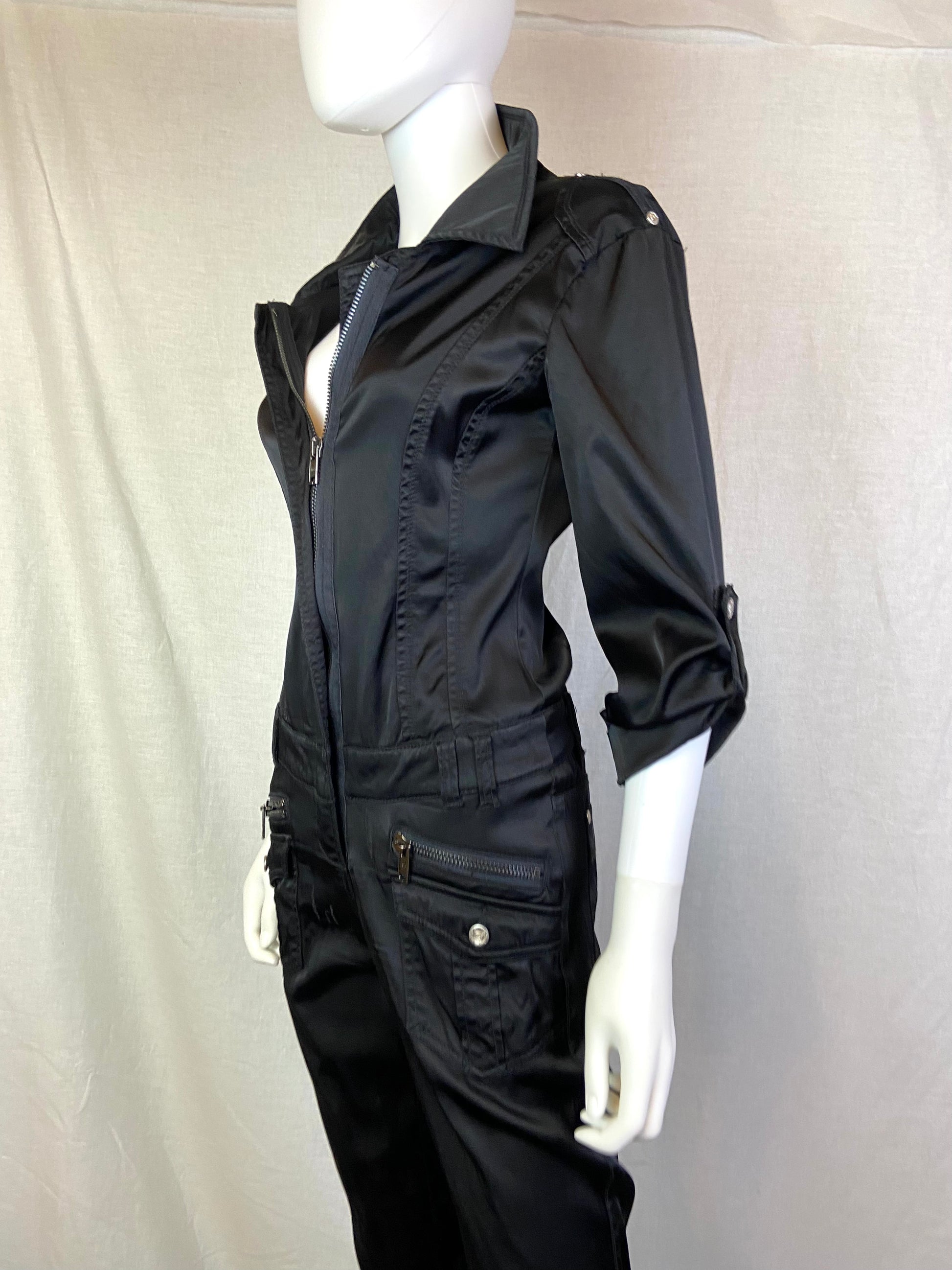 BEBE Premium Black Satin Zipper Jumpsuit ABBY ESSIE STUDIOS