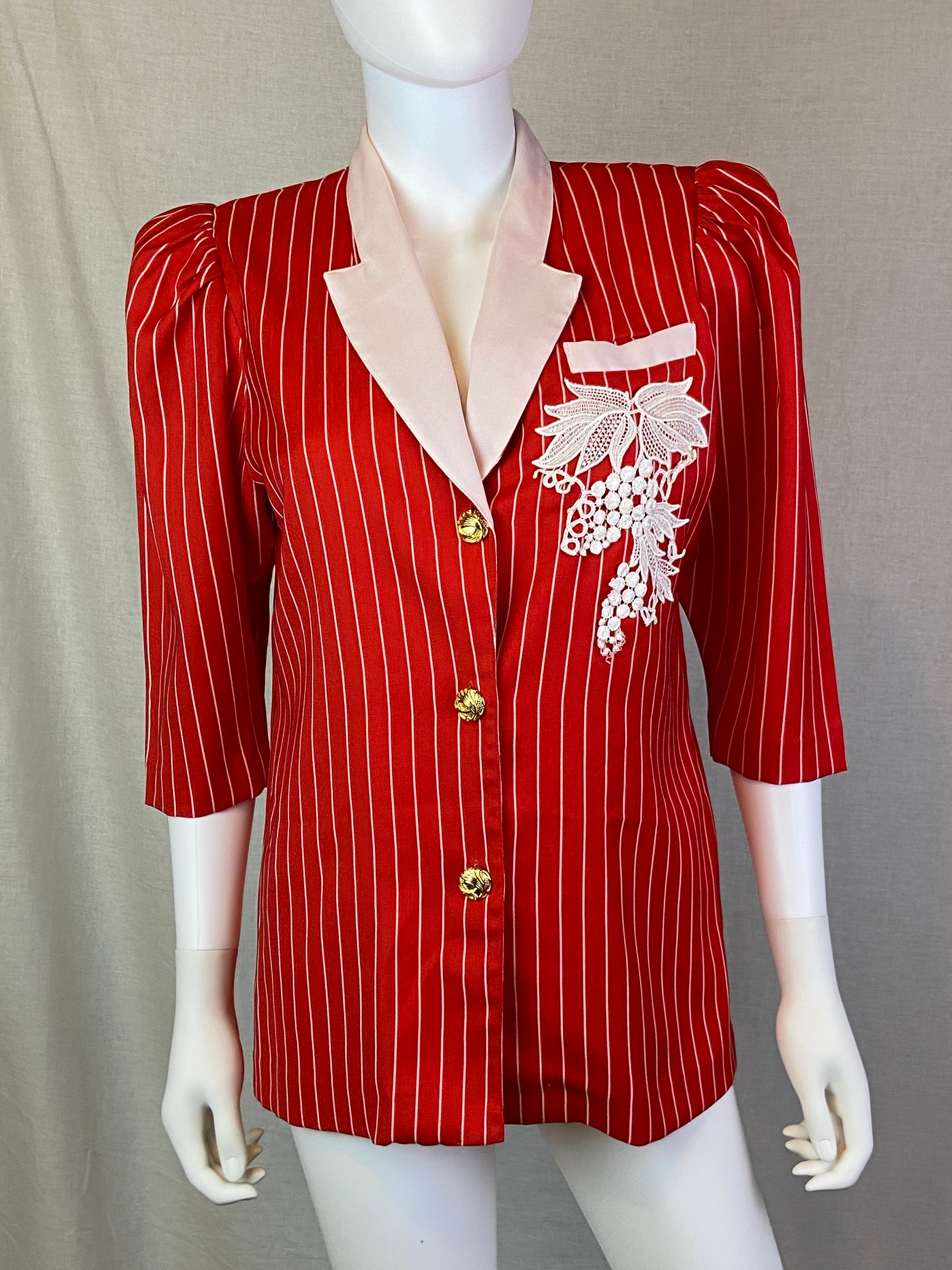 Vintage L Officiel Red White Pinstriped 80s Career Blazer ABBY ESSIE