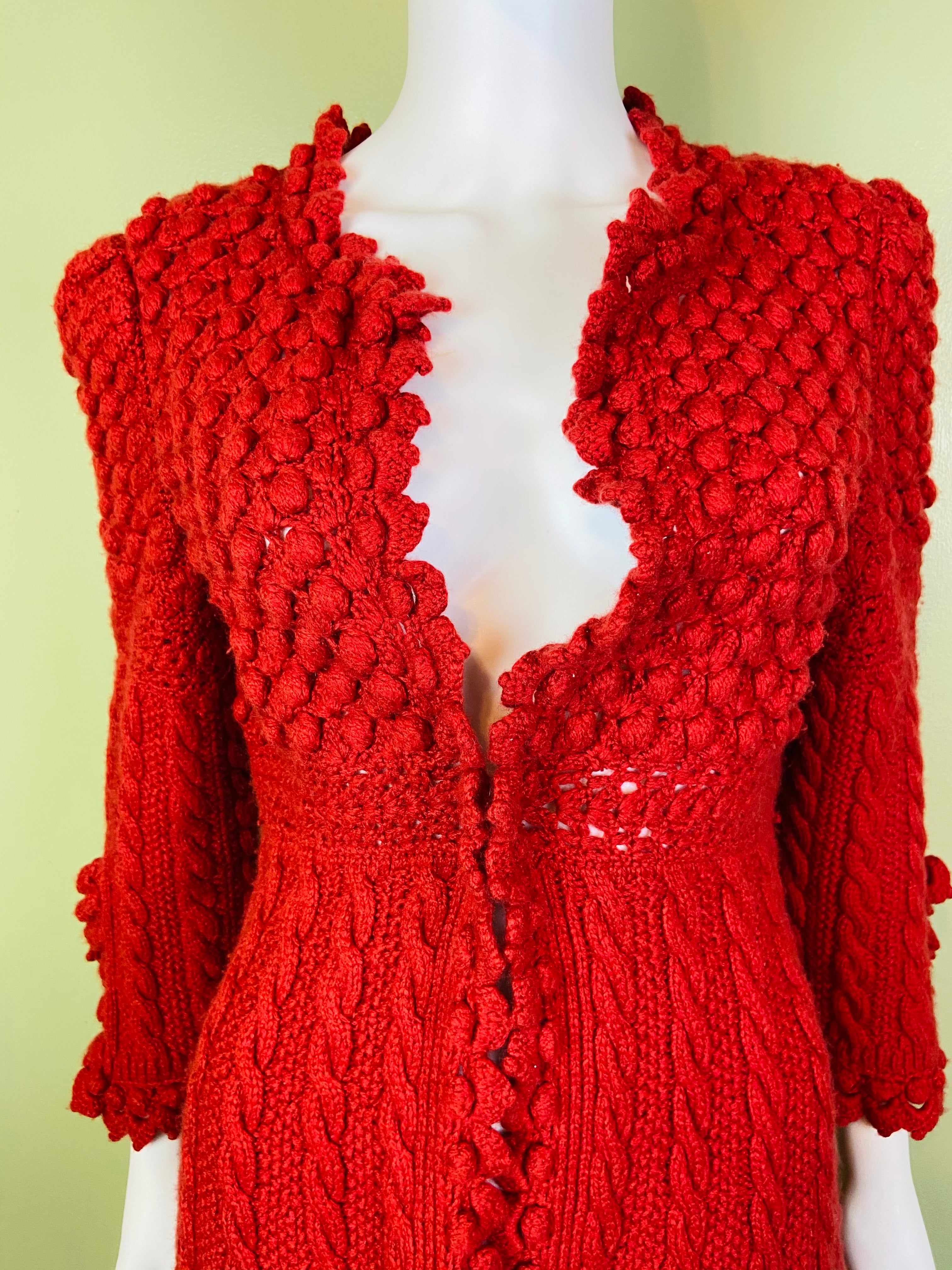 Oscar De La Renta Red Ornate Knit Sweater