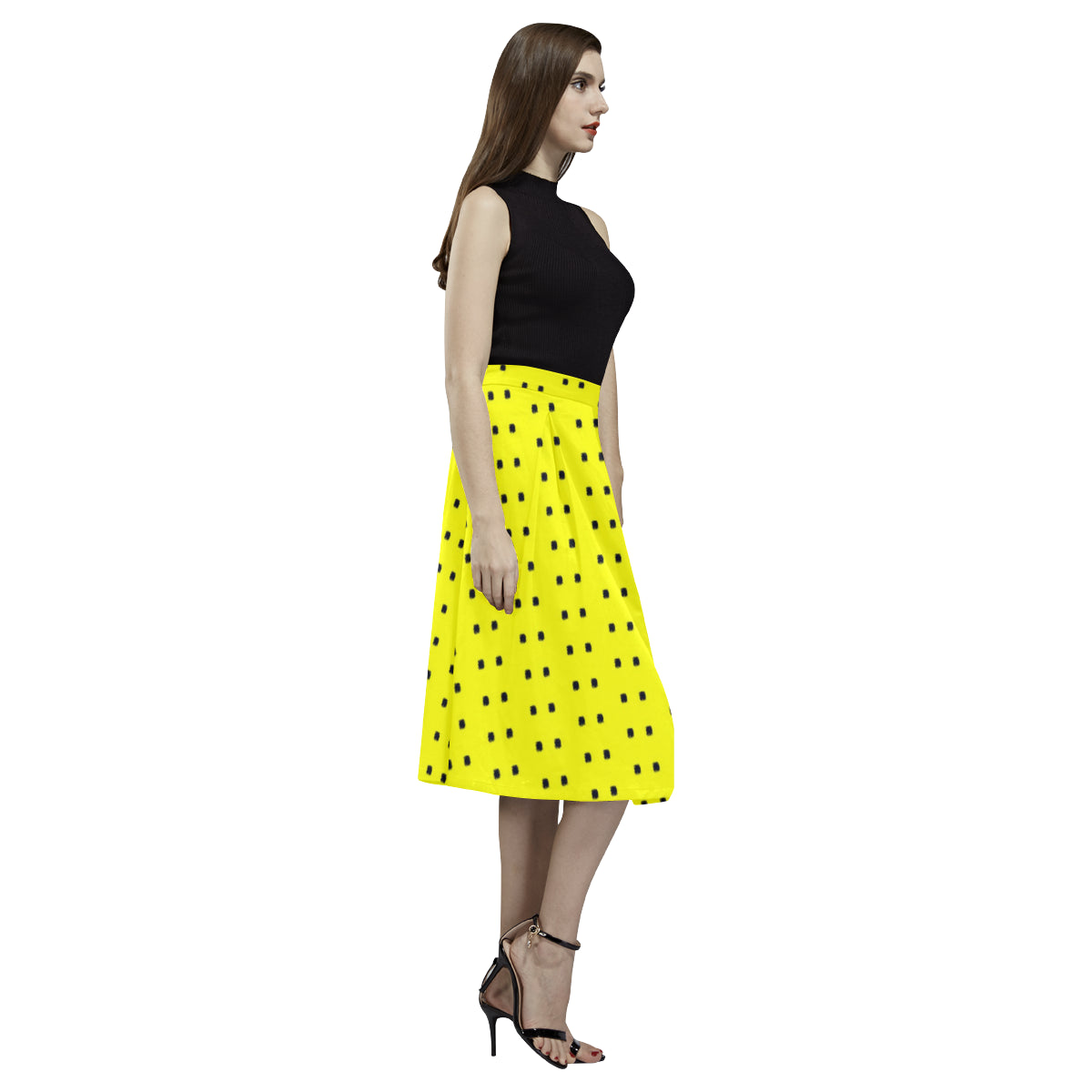 Fabric57 polka dots black yellow large panel crop Aoede Crepe Skirt (Model D16) e-joyer