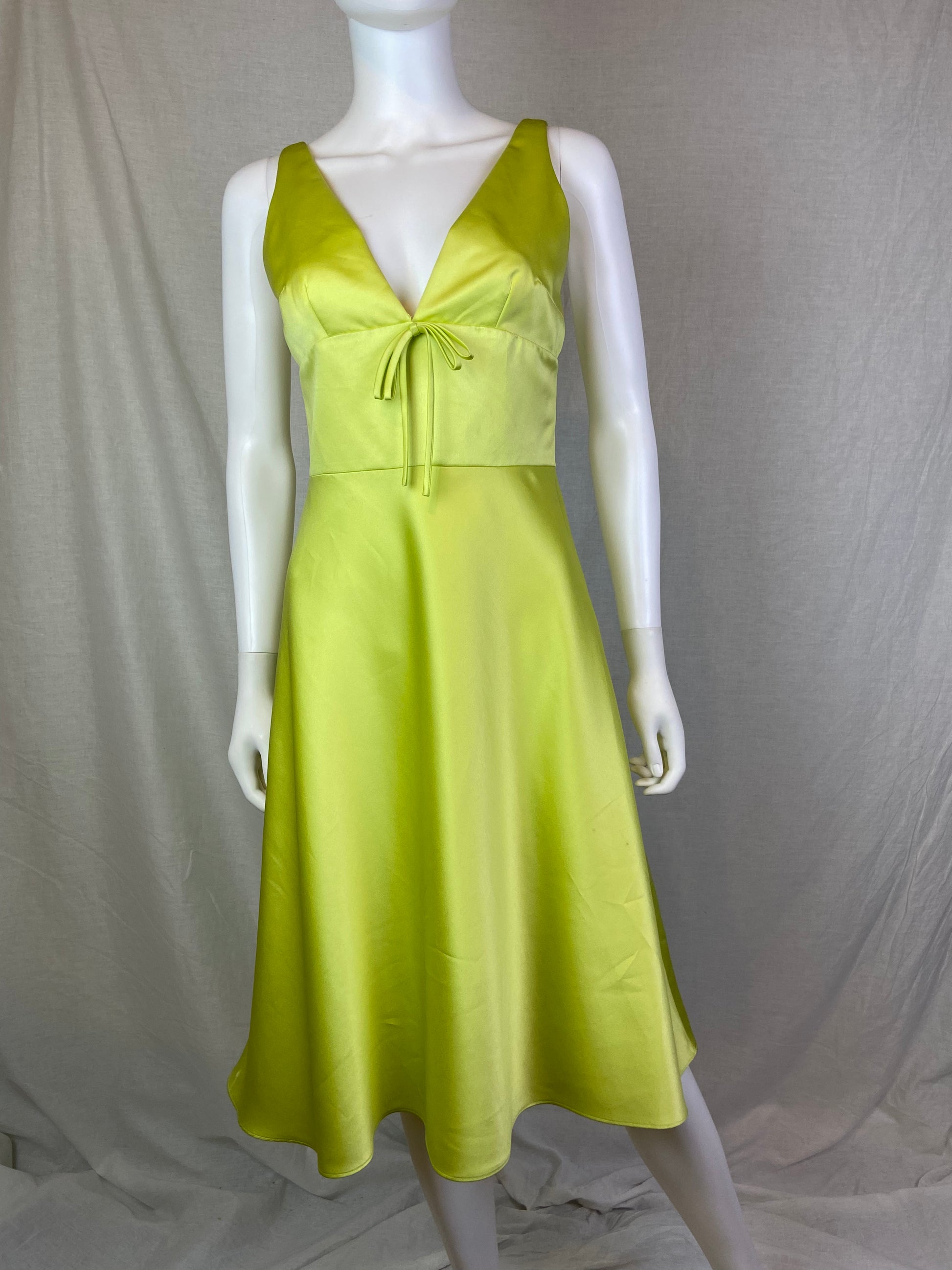 David Meister Lime Green Chartreuse Satin Plunge Dress ABBY ESSIE David Meister Lime Green Chartreuse Satin Plunge Dress ABBY ESSIE