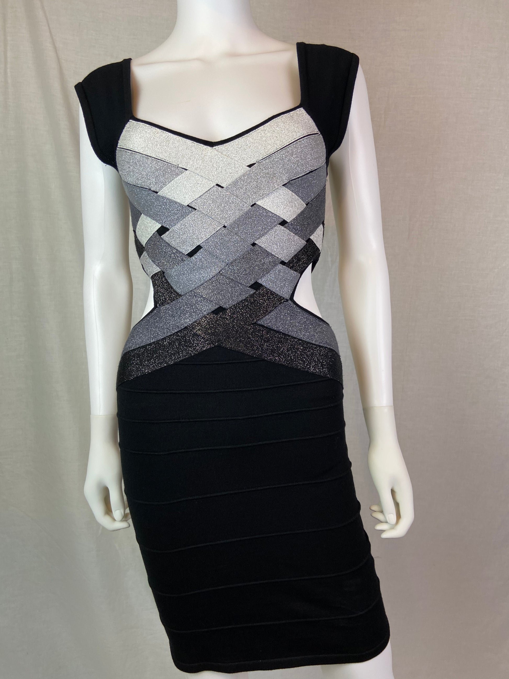 Wow Couture Black Silver Gray Glitter Cut Out Bandage Dress ABBY ESSIE STUDIOS